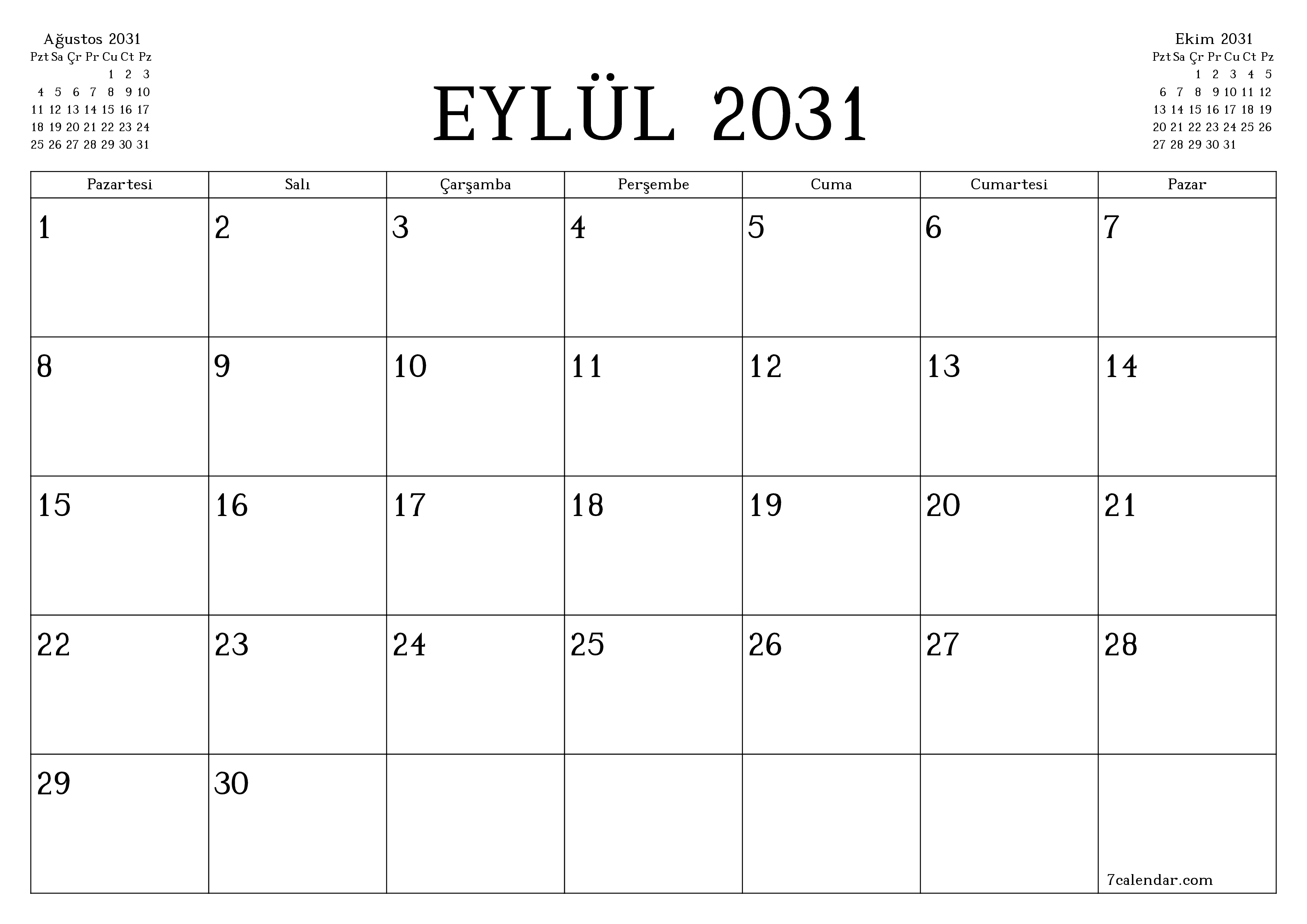 Eylül 2031 ayı için notlarla birlikte boş aylık planlayıcı, kaydedin ve PDF'ye yazdırın PNG Turkish