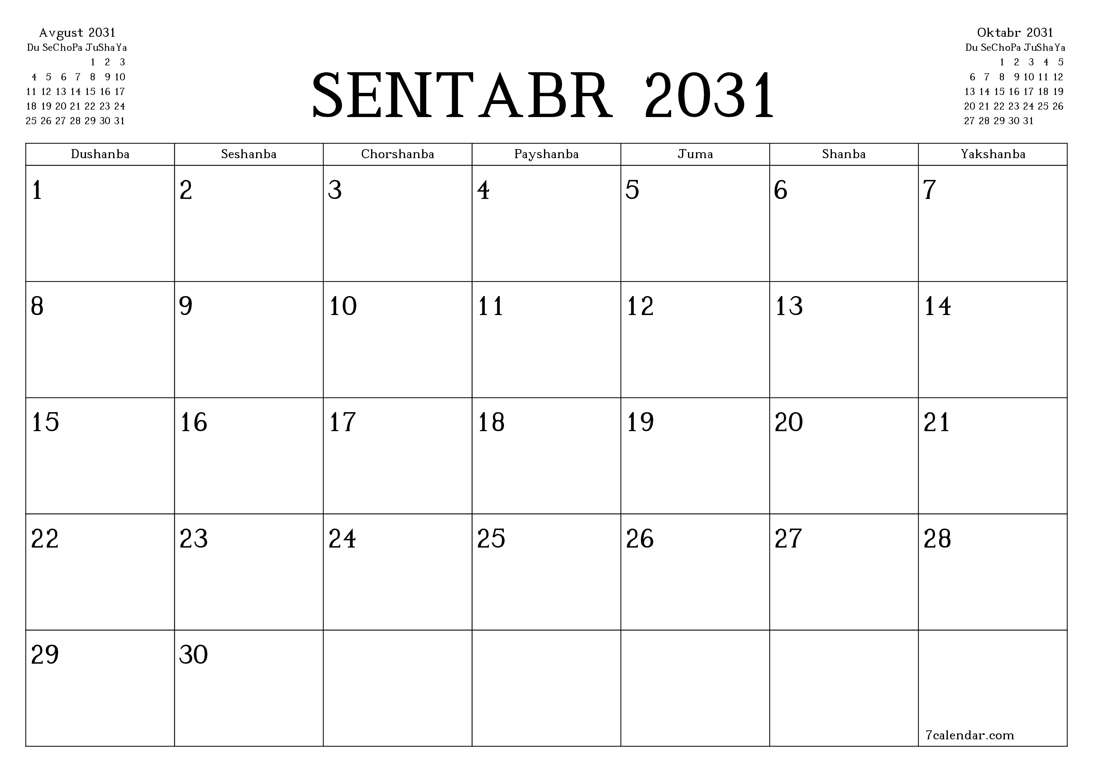Sentabr 2031 oylik oylik rejalashtiruvchini yozuvlar bilan bo'shatish, saqlash va PDF-ga chop etish PNG Uzbek