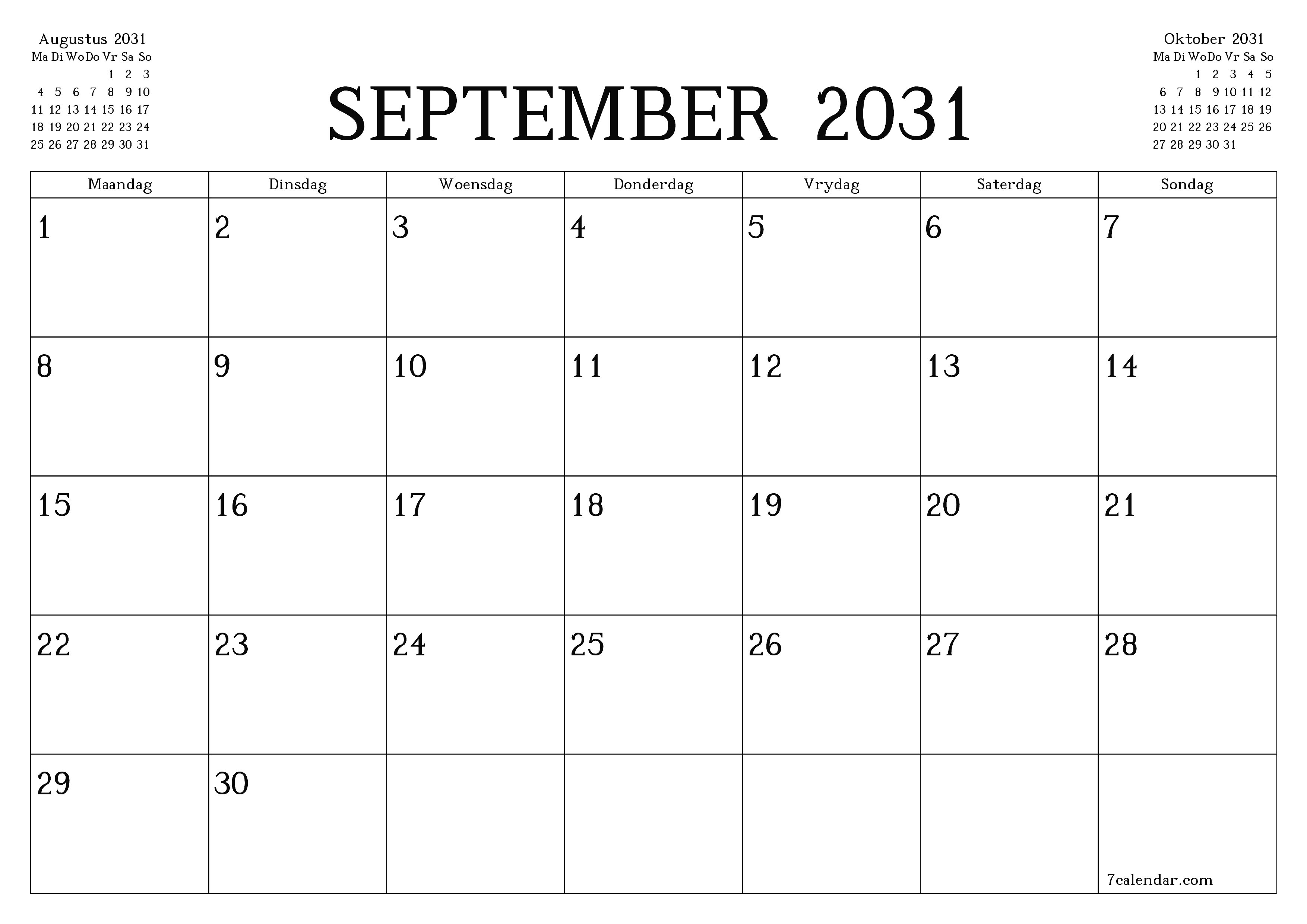 Leë maandelikse drukbare kalender en beplanner vir maand September 2031 met notas stoor en druk na PDF PNG Afrikaans