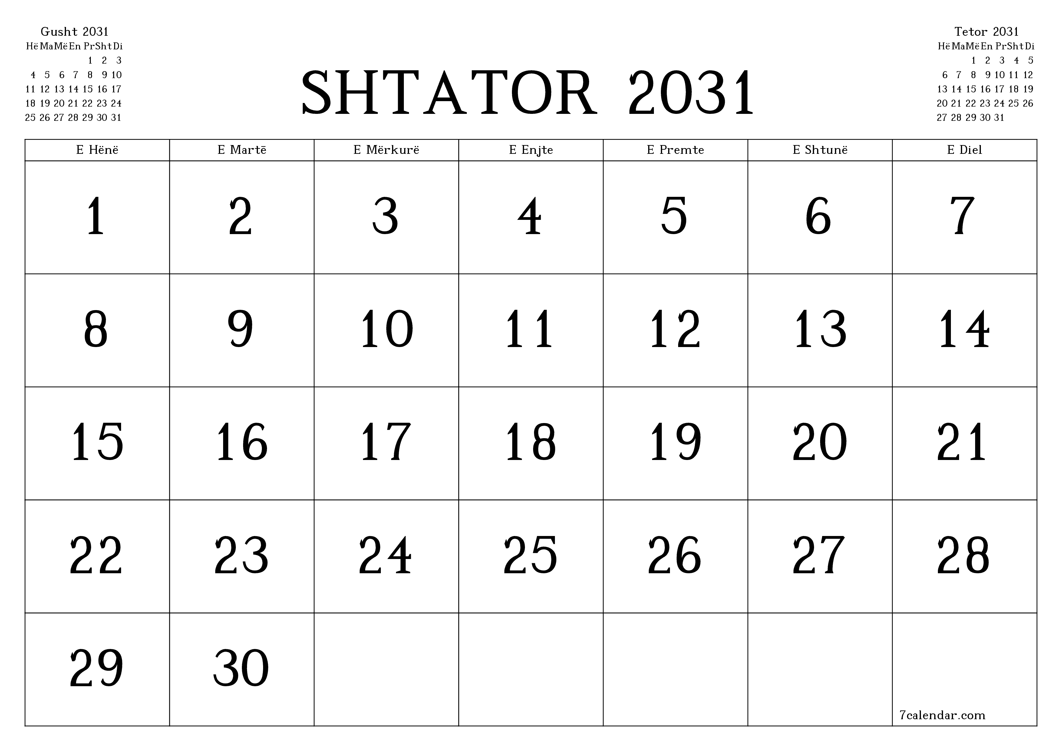 Planifikuesi i zbrazët i kalendarit mujor për muajin Shtator 2031 me shënime të ruajtura dhe të printuara në PDF PNG Albanian