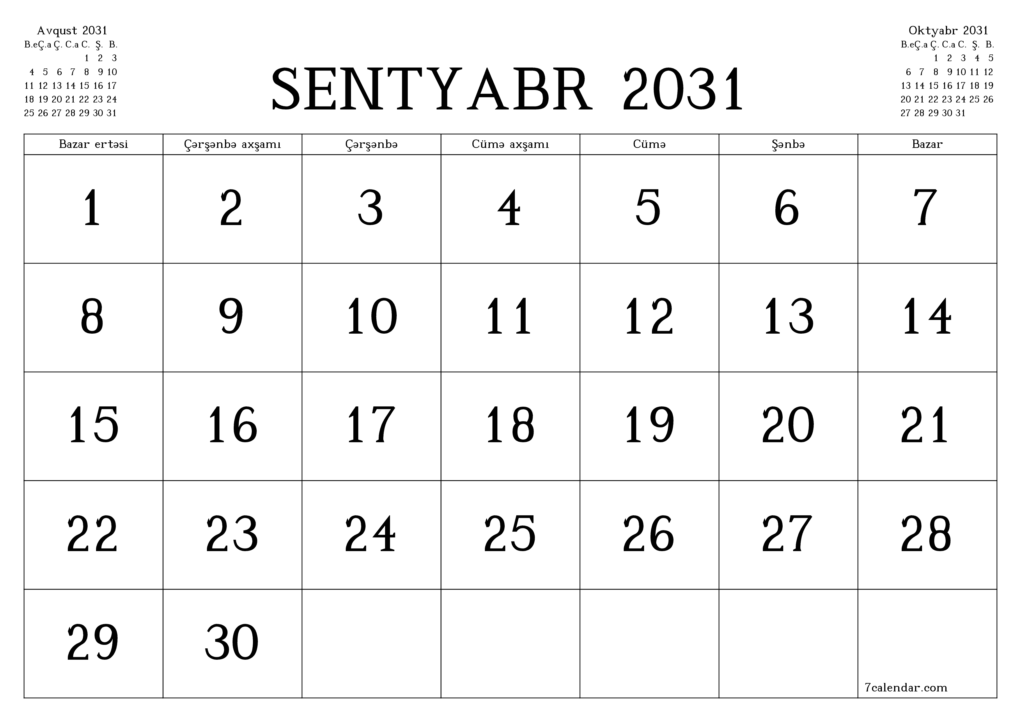 Sentyabr 2031 ayı üçün qeydlər ilə boş aylıq planlayıcı, qeyd edin və PDF-ə yazdırın PNG Azerbaijani