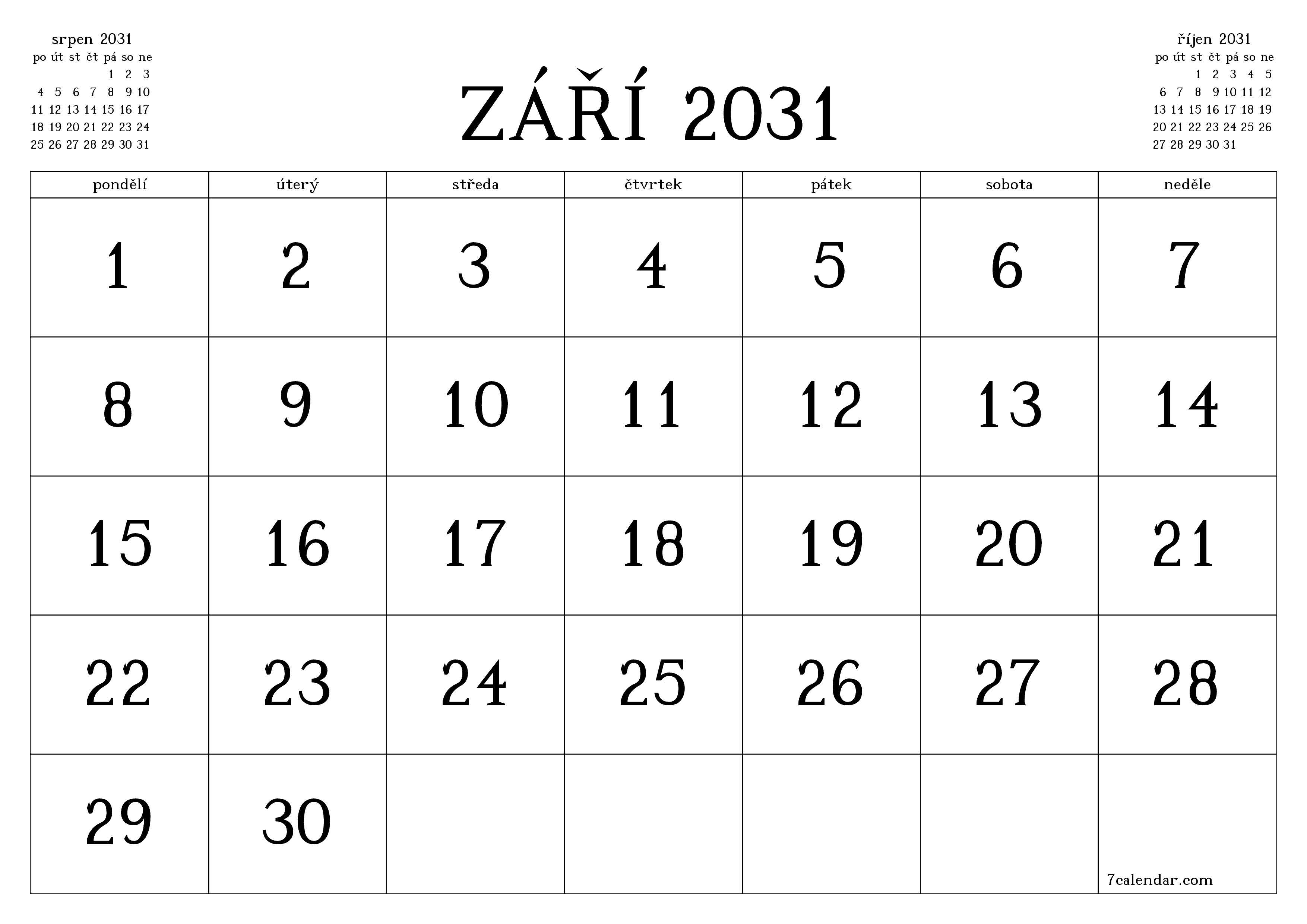 Vyprázdnit měsíční plánovač na měsíc září 2031 s poznámkami, uložit a vytisknout do PDF PNG Czech