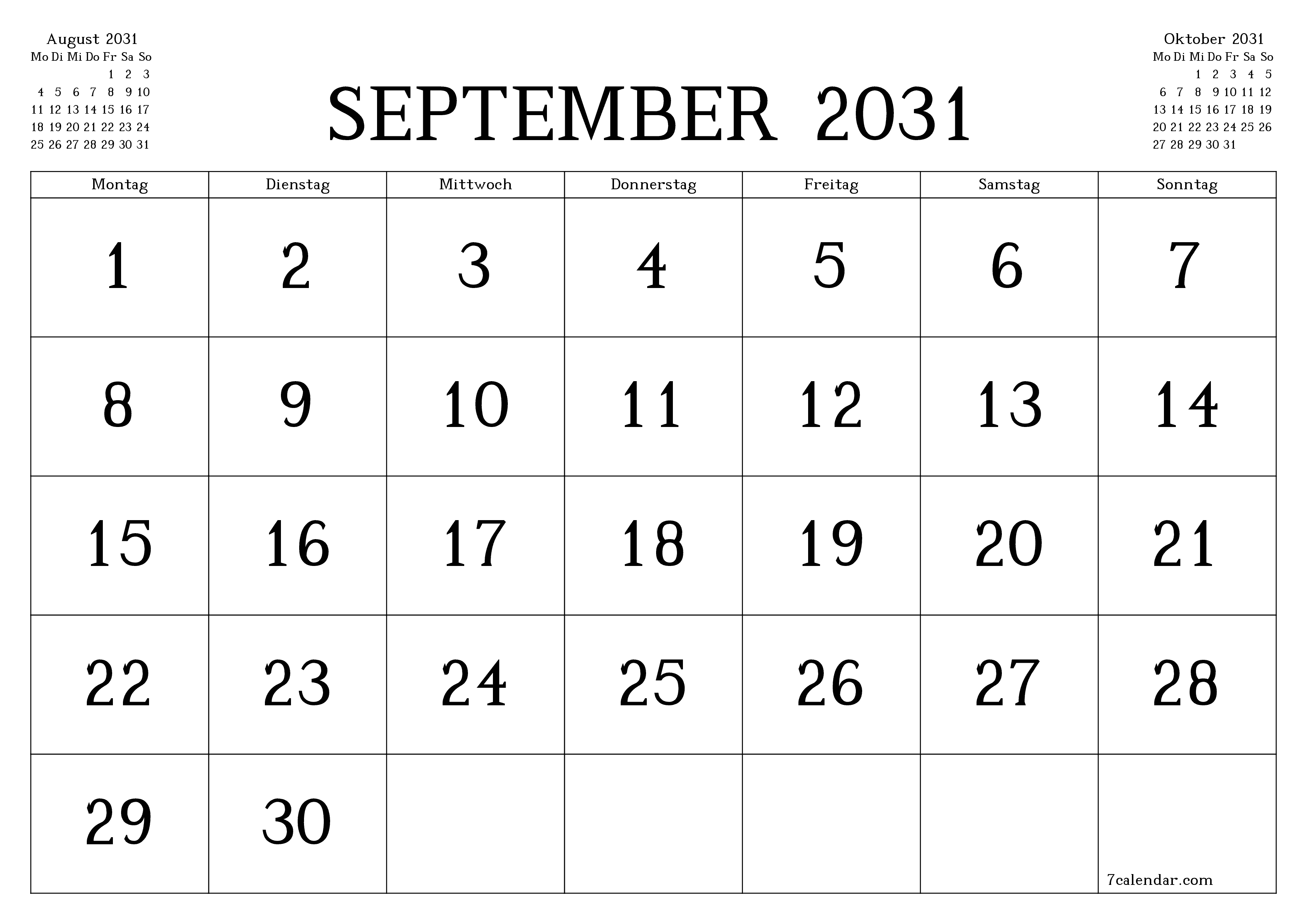 Monatsplaner für Monat September 2031 mit Notizen leeren, speichern und als PDF PNG German - 7calendar.com drucken