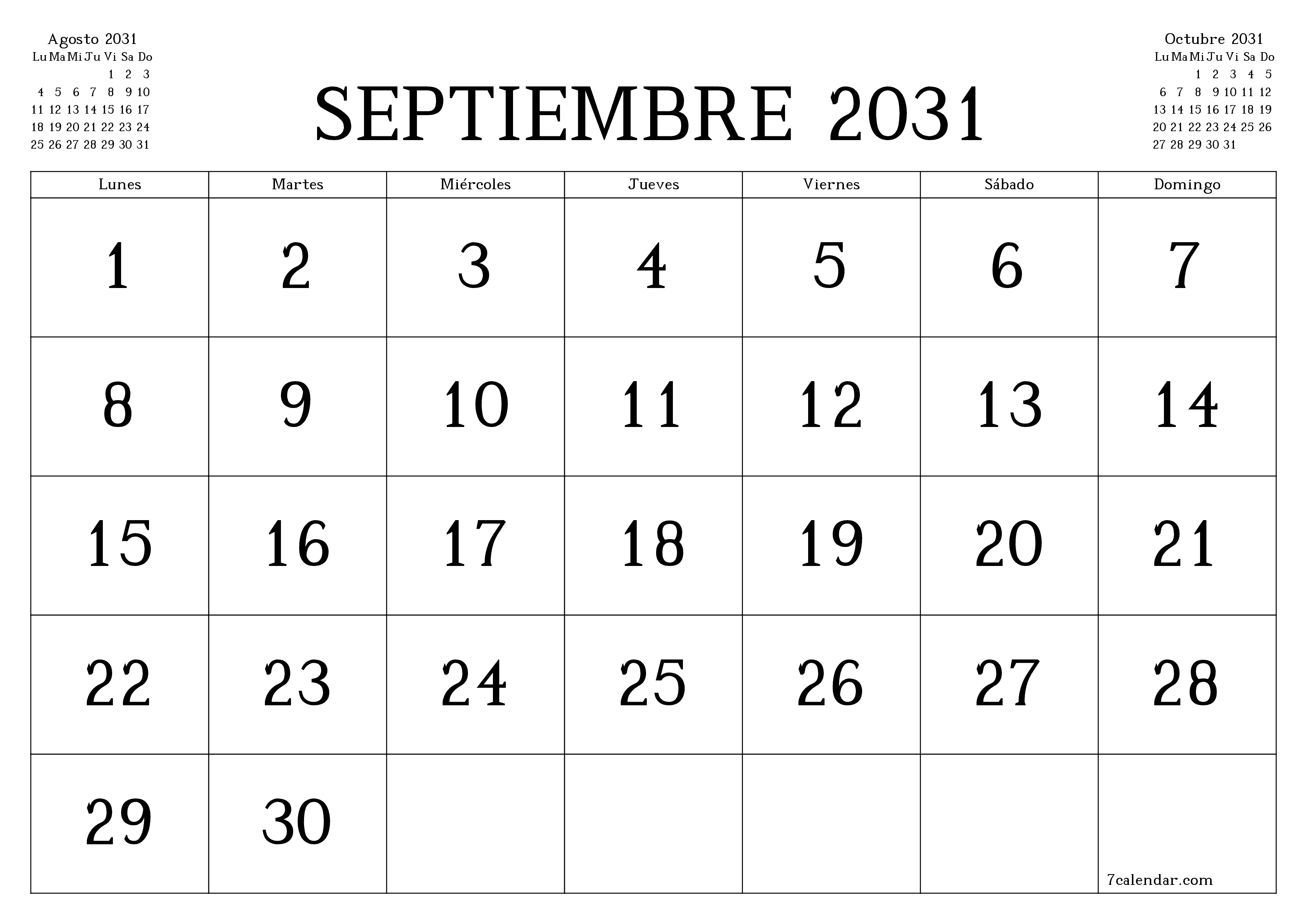 Planificador mensual vacío para el mes Septiembre 2031 con notas, guardar e imprimir en PDF PNG Spanish