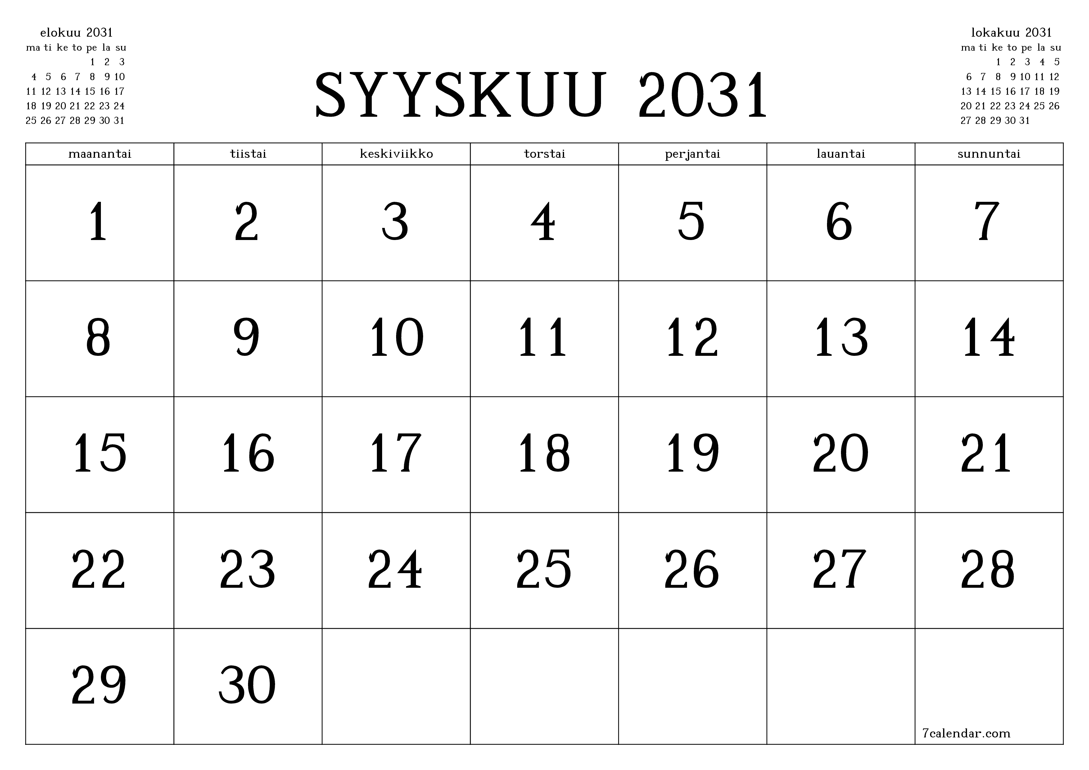Tyhjennä kuukausittainen suunnittelija kuukaudelle Syyskuu 2031 muistiinpanoilla, tallenna ja tulosta PDF-muotoon PNG Finnish