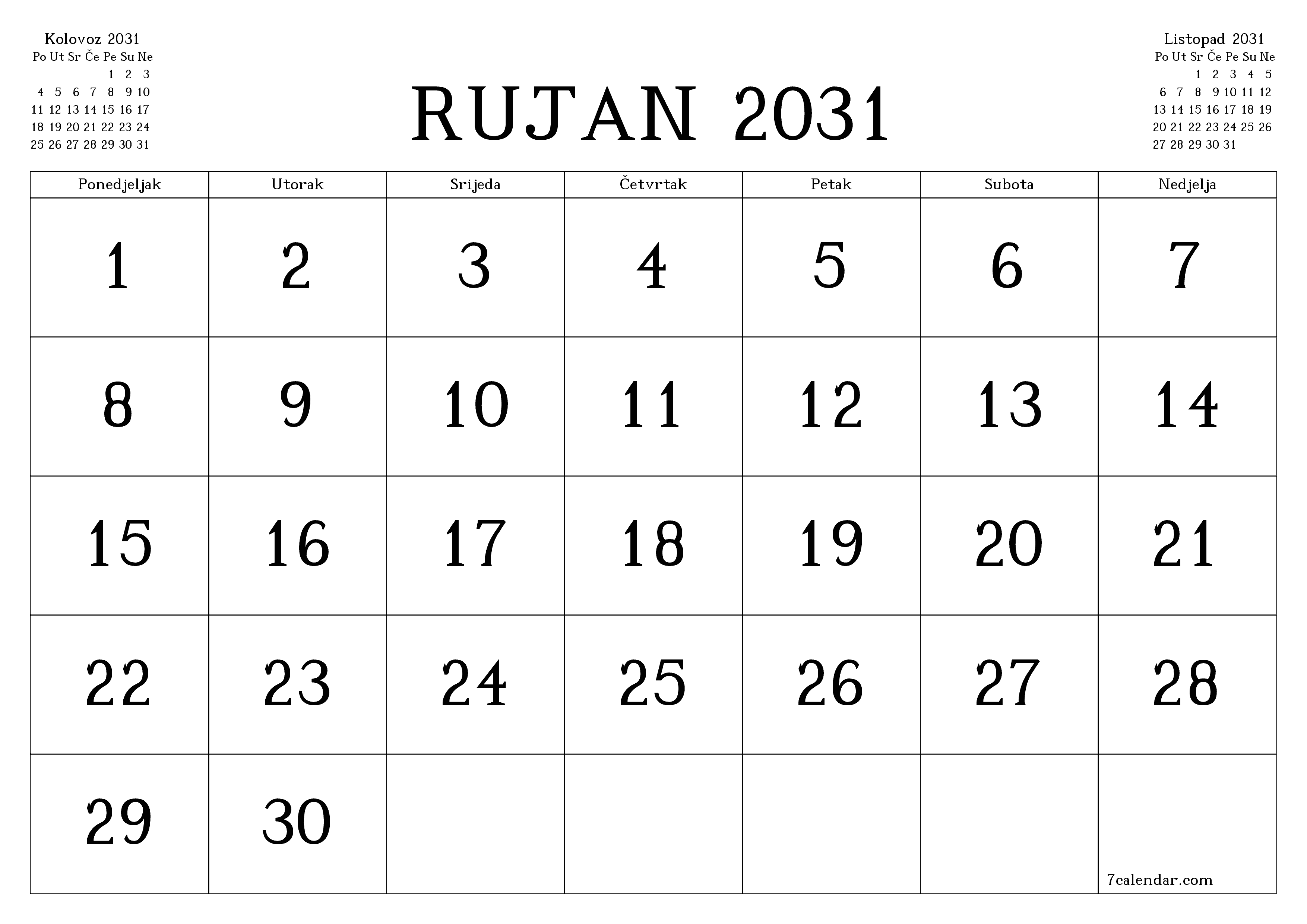 Ispraznite mjesečni planer za mjesec Rujan 2031 s bilješkama, spremite i ispišite u PDF PNG Croatian