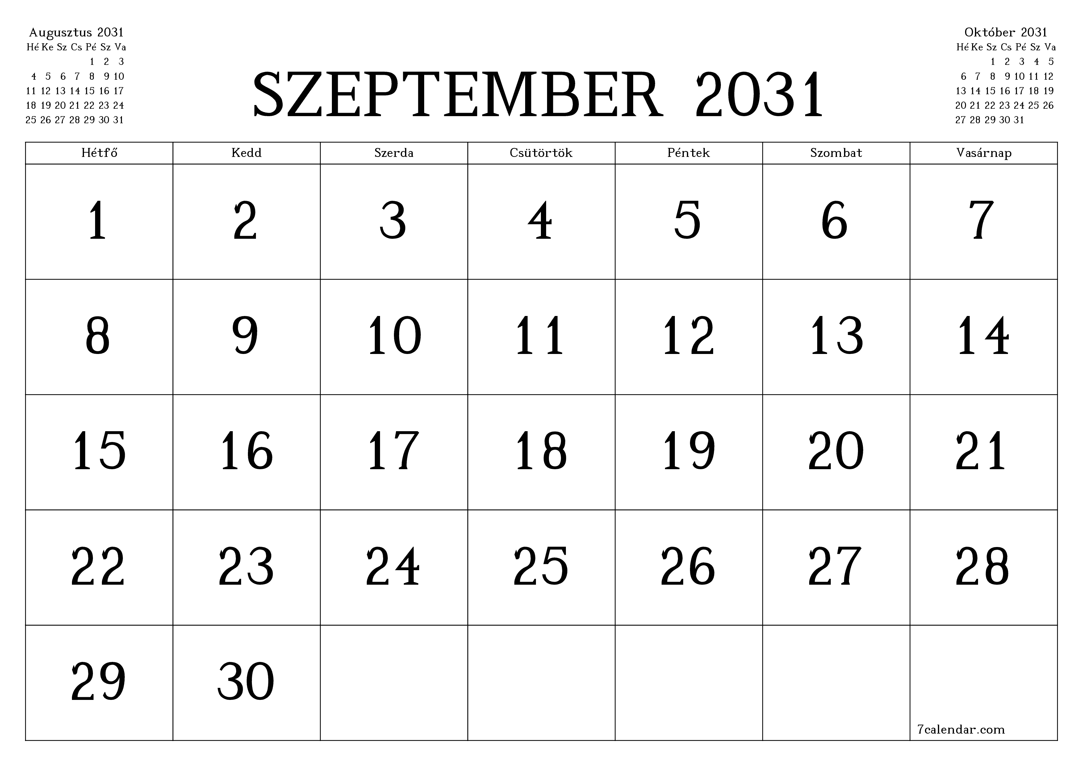 Üres havi tervező a Szeptember 2031 hónapra jegyzetekkel, mentés és nyomtatás PDF-be PNG Hungarian