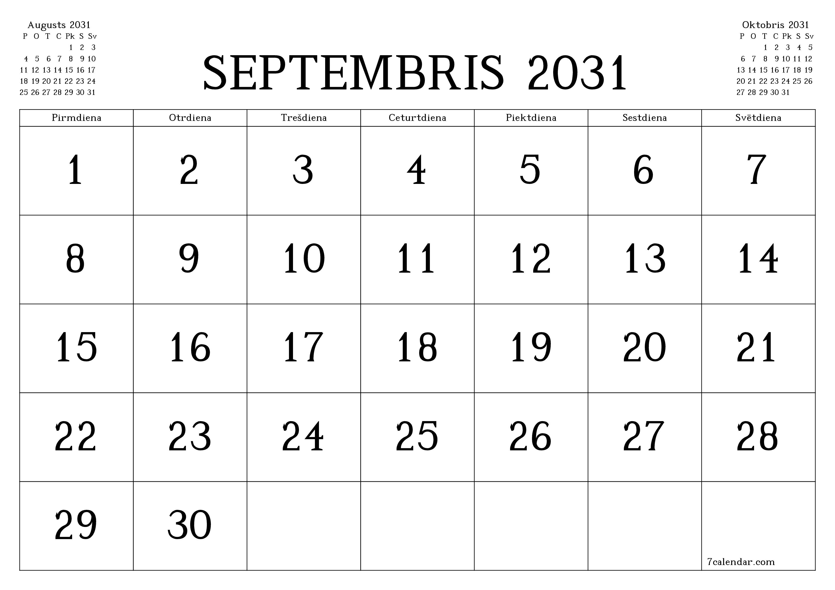 Iztukšot mēneša plānotāju mēnesim Septembris 2031 ar piezīmēm, saglabāt un izdrukāt PDF formātā PNG Latvian