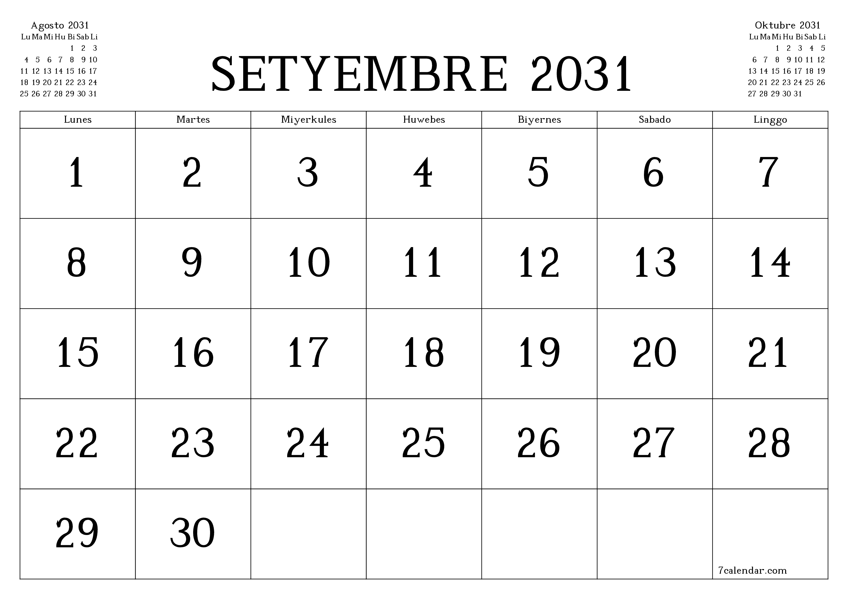 Walang laman na buwanang tagaplano para sa buwan na Setyembre 2031 na may mga tala, i-save at i-print sa PDF PNG Filipino