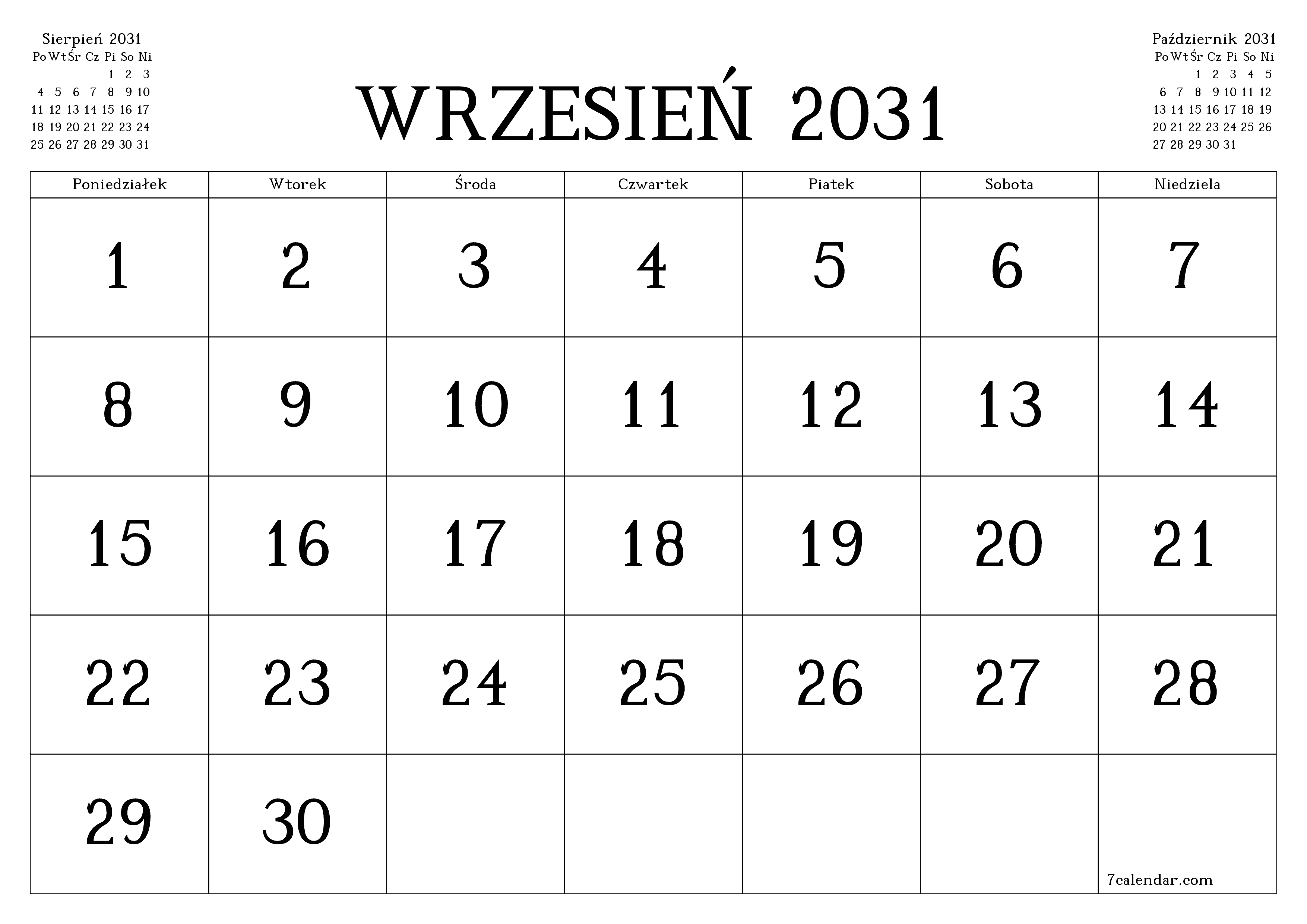 Opróżnij miesięczny planer na miesiąc Wrzesień 2031 z notatkami, zapisz i wydrukuj w formacie PDF PNG Polish