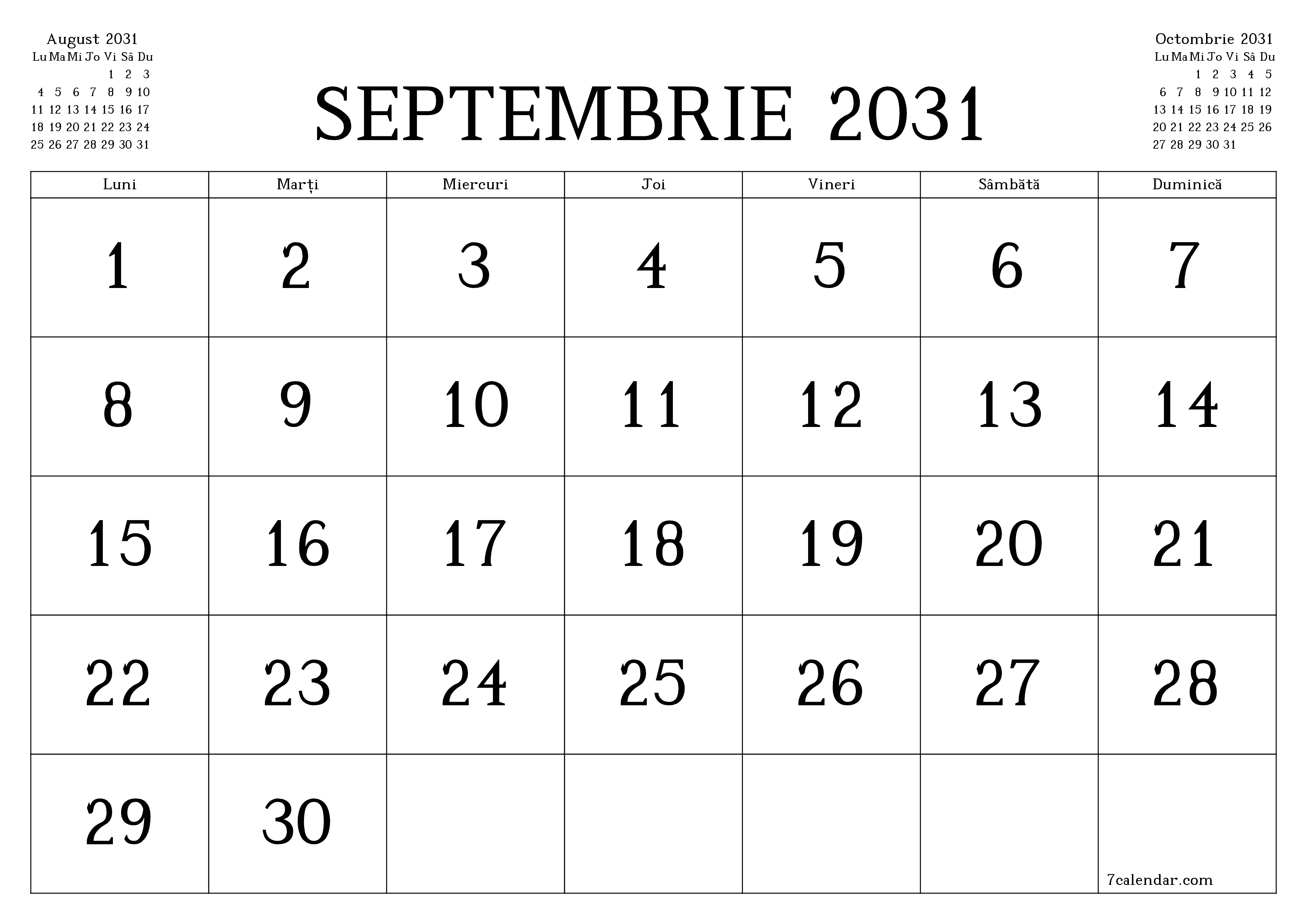 Planificator lunar gol pentru luna Septembrie 2031 cu note, salvați și tipăriți în PDF PNG Romanian