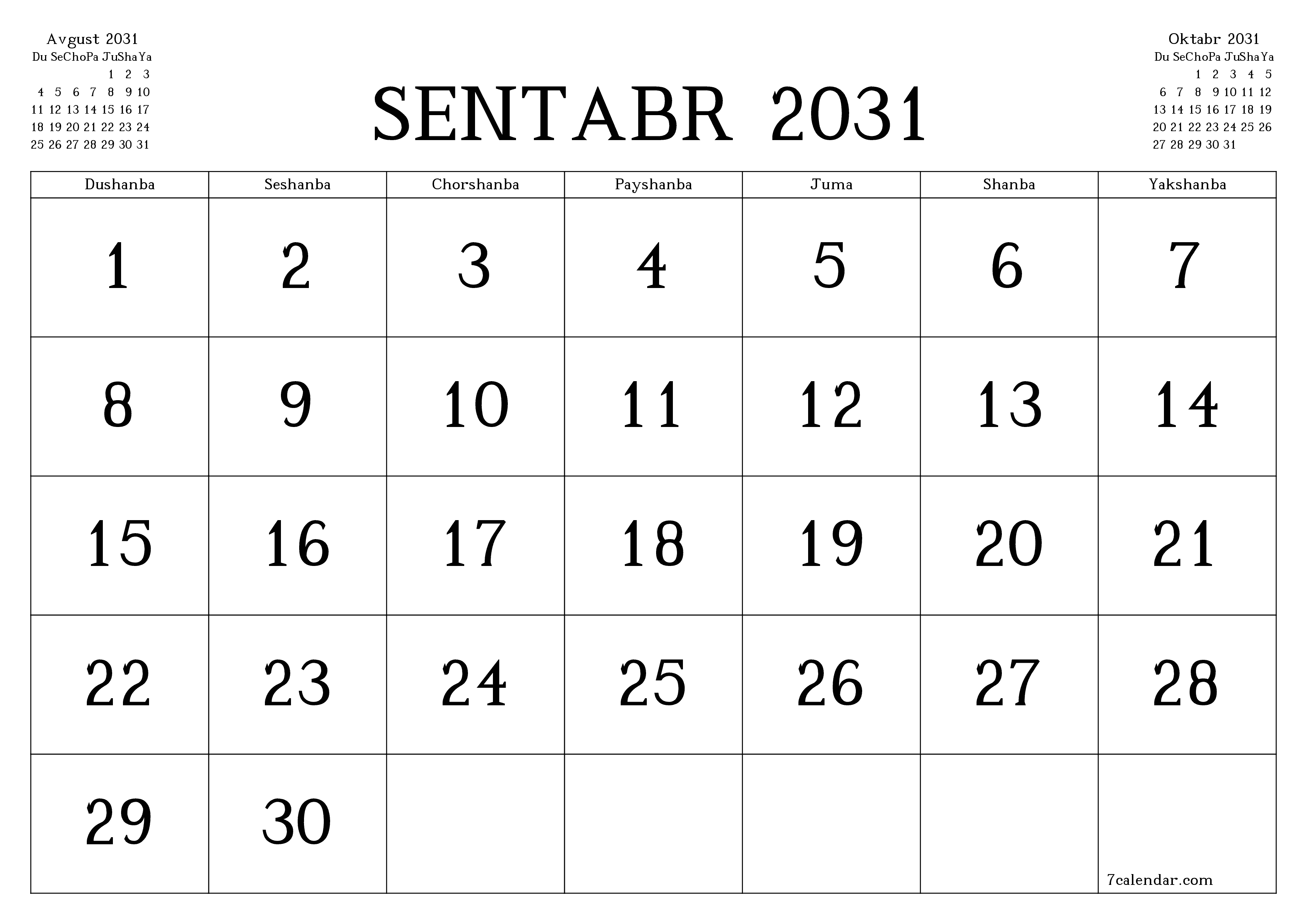 Sentabr 2031 oylik oylik rejalashtiruvchini yozuvlar bilan bo'shatish, saqlash va PDF-ga chop etish PNG Uzbek