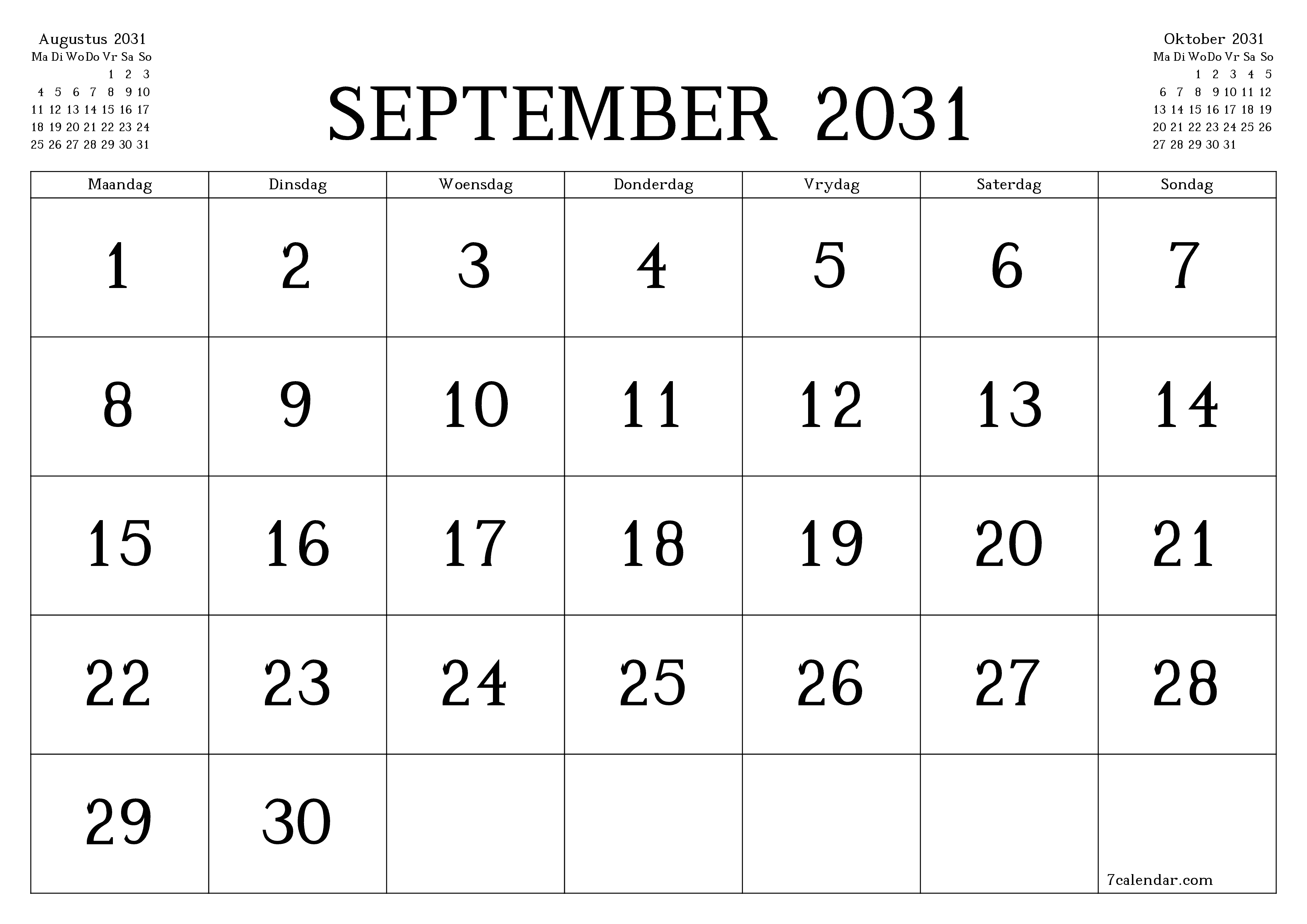 Leë maandelikse drukbare kalender en beplanner vir maand September 2031 met notas stoor en druk na PDF PNG Afrikaans