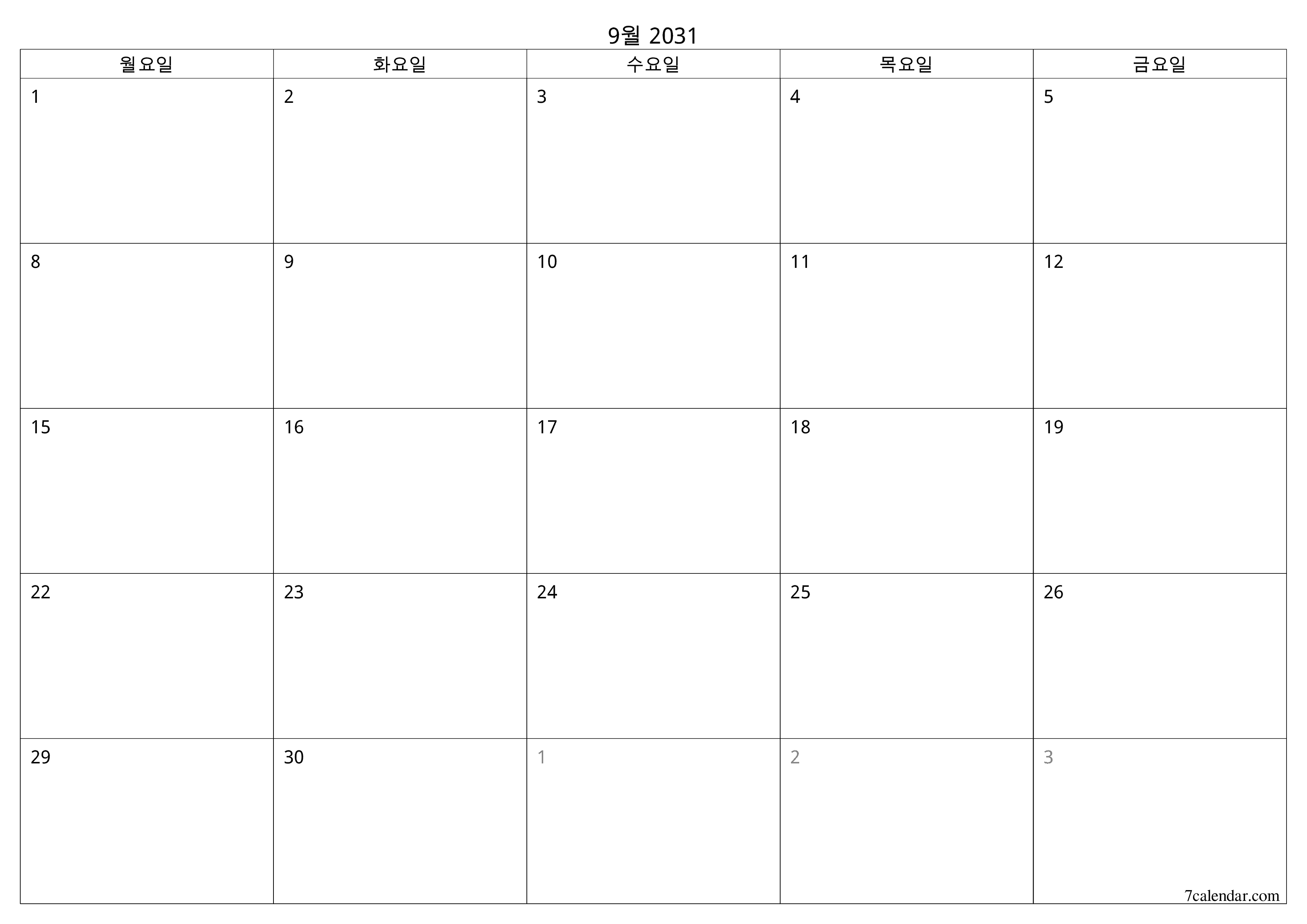 메모가있는 9월 2031 월의 월간 플래너 비우기, PDF PNG Korean-7calendar.com으로 저장 및 인쇄