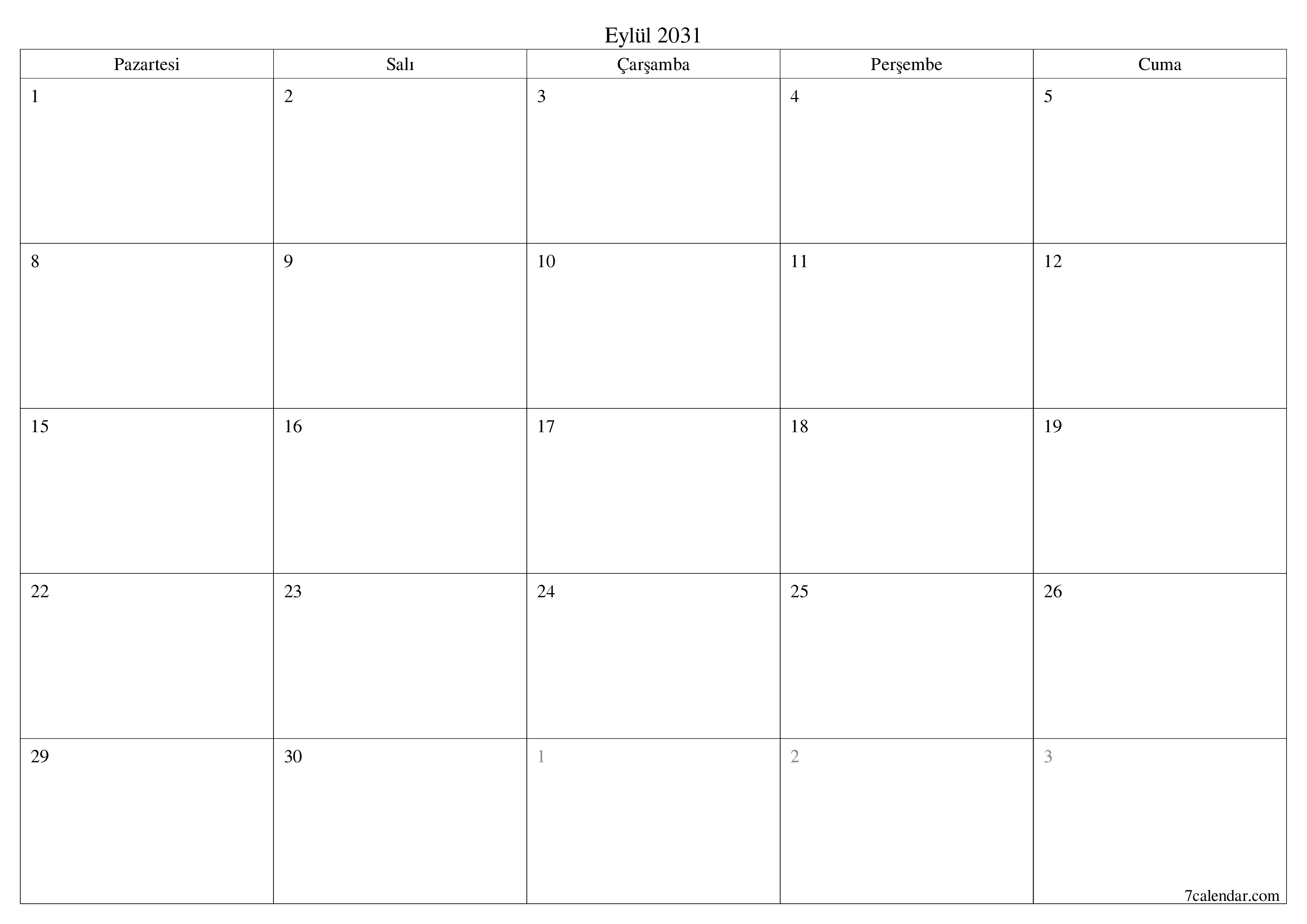 Eylül 2031 ayı için notlarla birlikte boş aylık planlayıcı, kaydedin ve PDF'ye yazdırın PNG Turkish