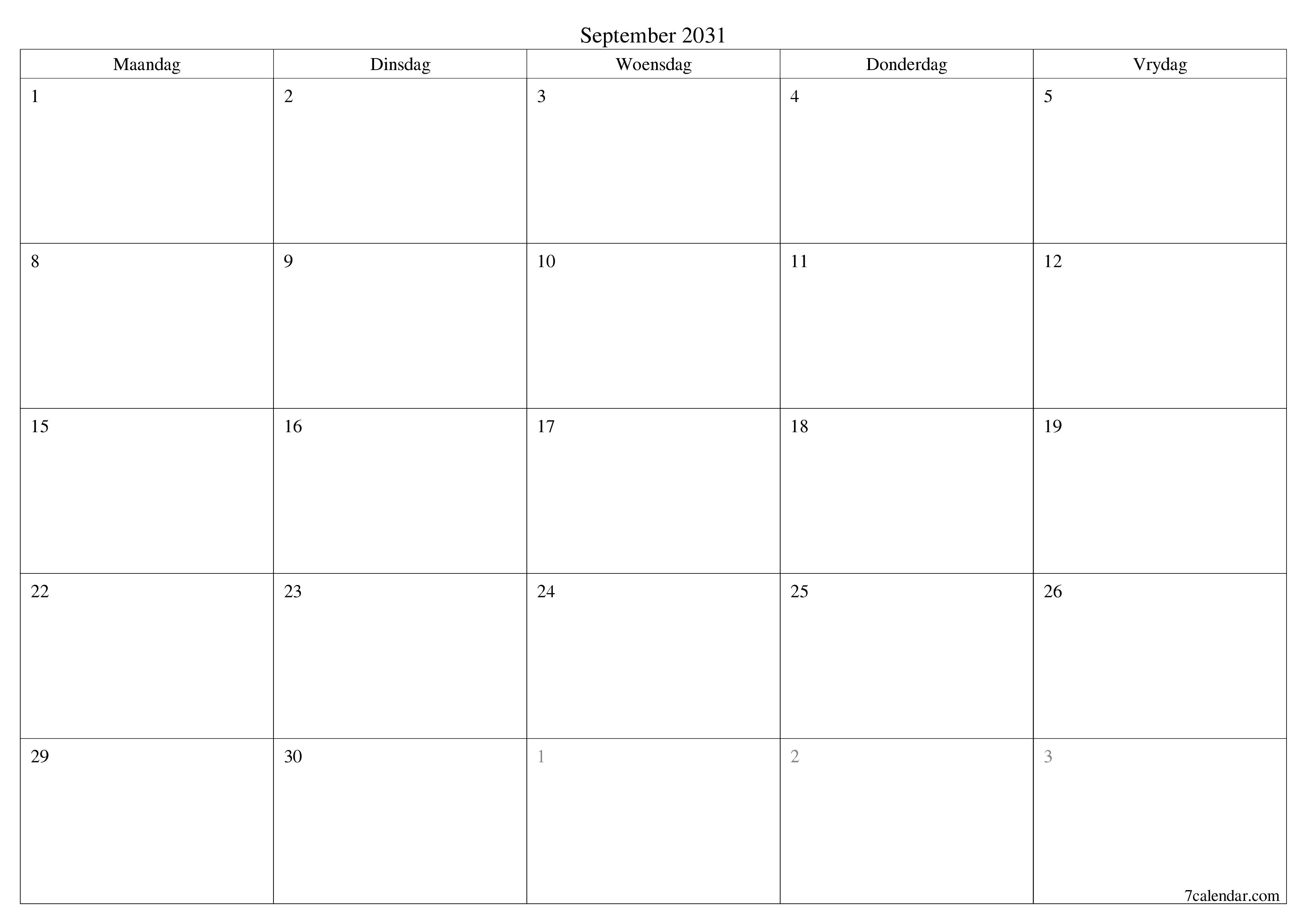 Leë maandelikse drukbare kalender en beplanner vir maand September 2031 met notas stoor en druk na PDF PNG Afrikaans