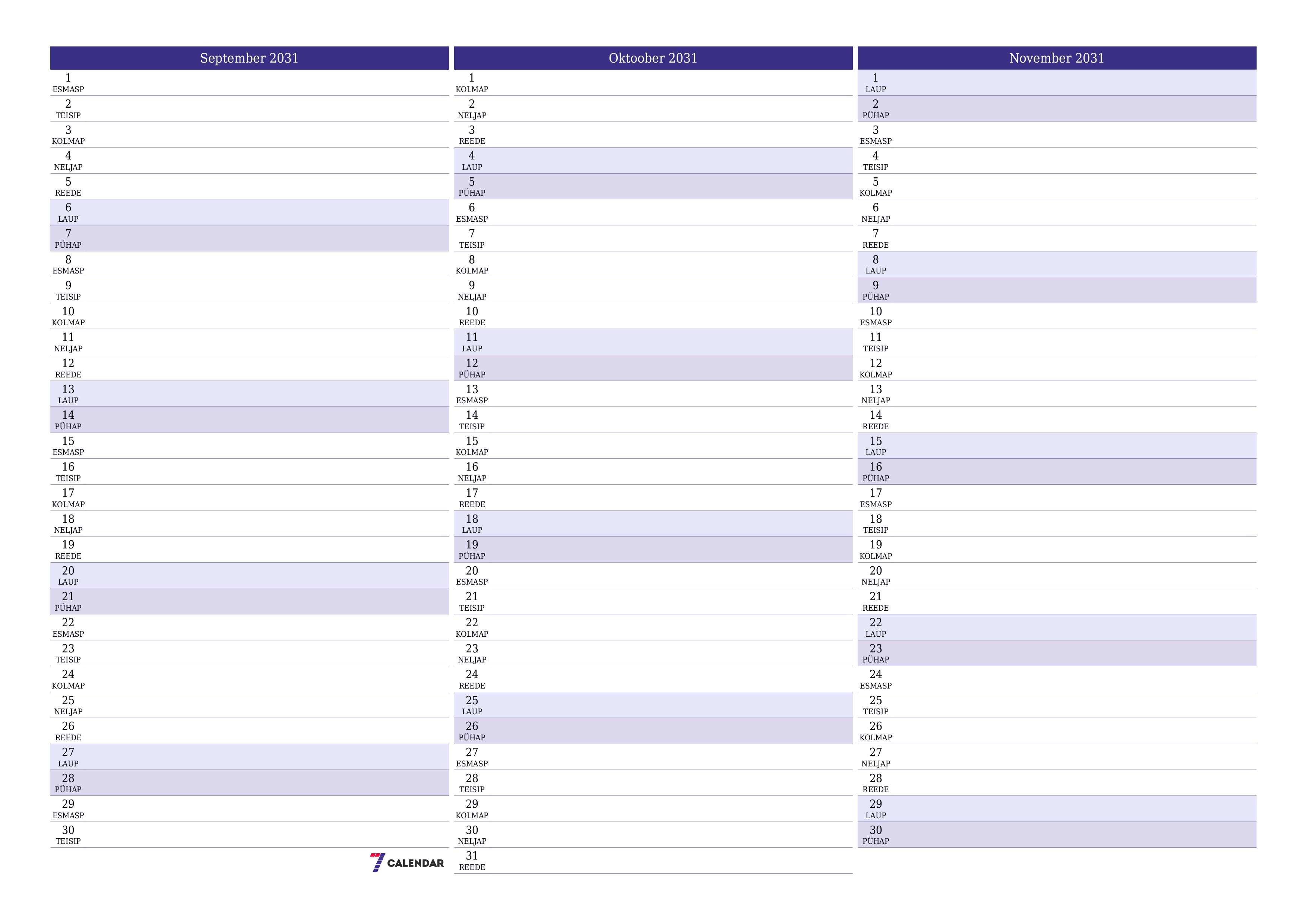 Tühjendage kuu September 2031 kuuplaneerija märkmetega, salvestage ja printige PDF-i PNG Estonian