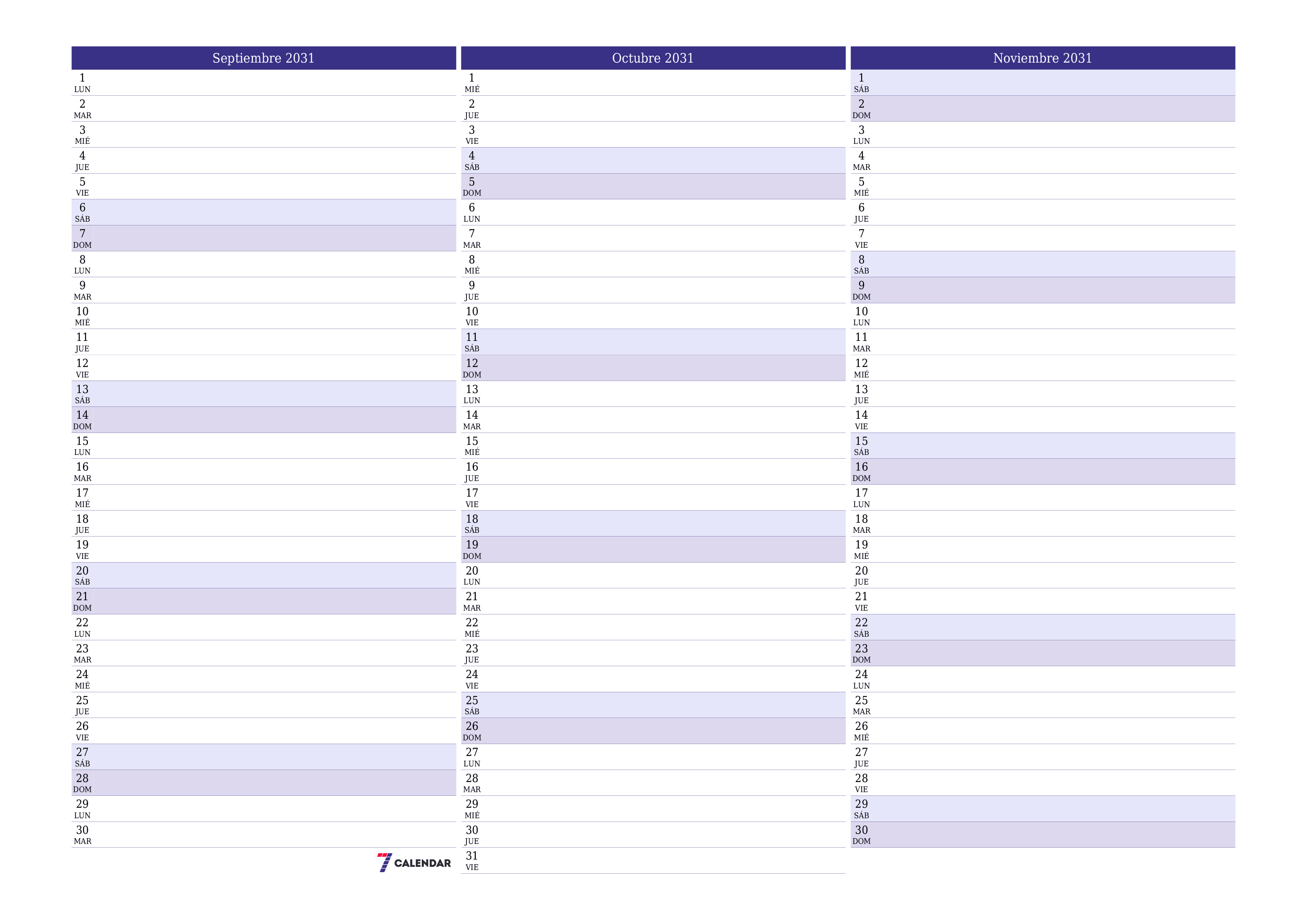 Planificador mensual vacío para el mes Septiembre 2031 con notas, guardar e imprimir en PDF PNG Spanish