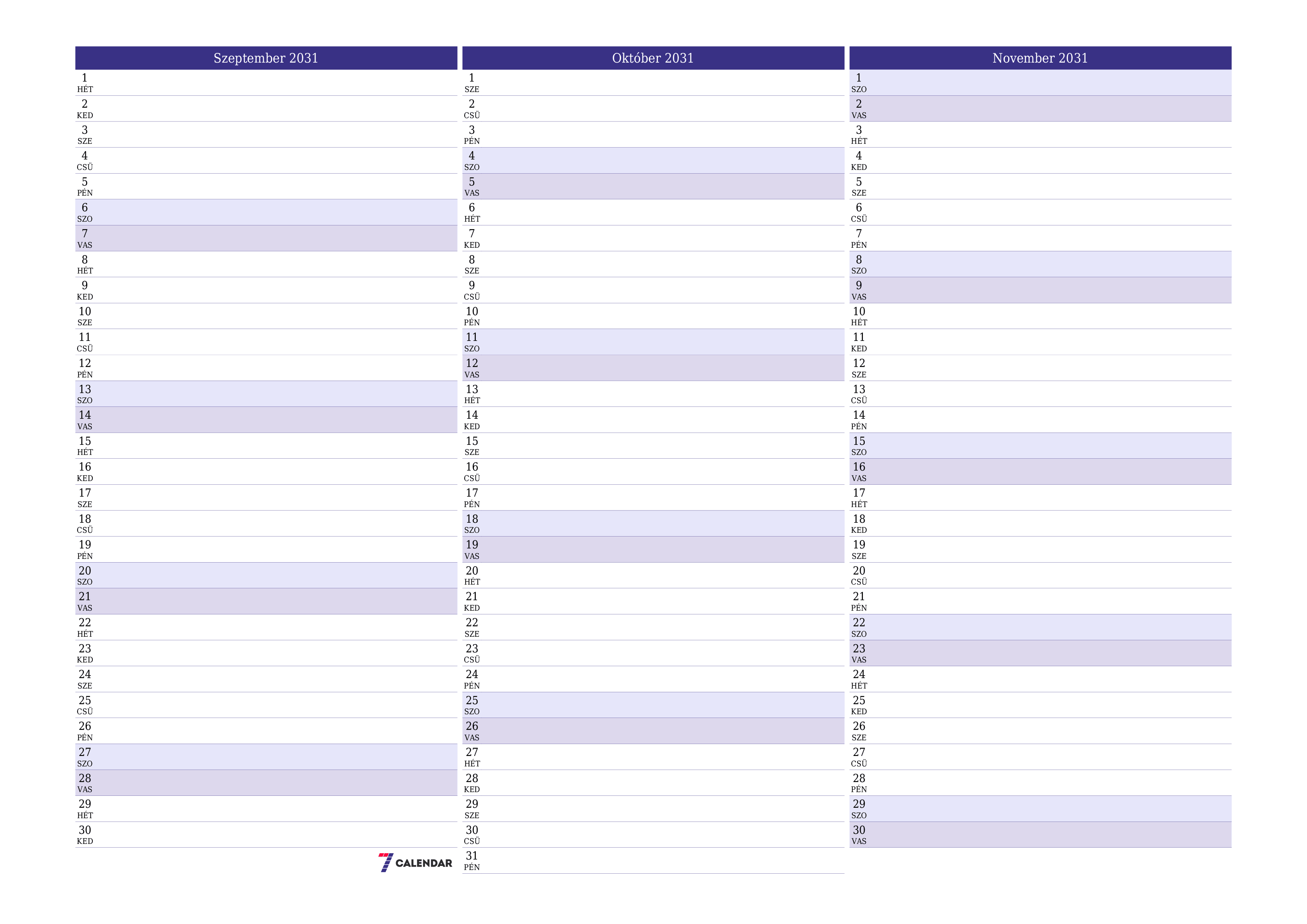 Üres havi tervező a Szeptember 2031 hónapra jegyzetekkel, mentés és nyomtatás PDF-be PNG Hungarian