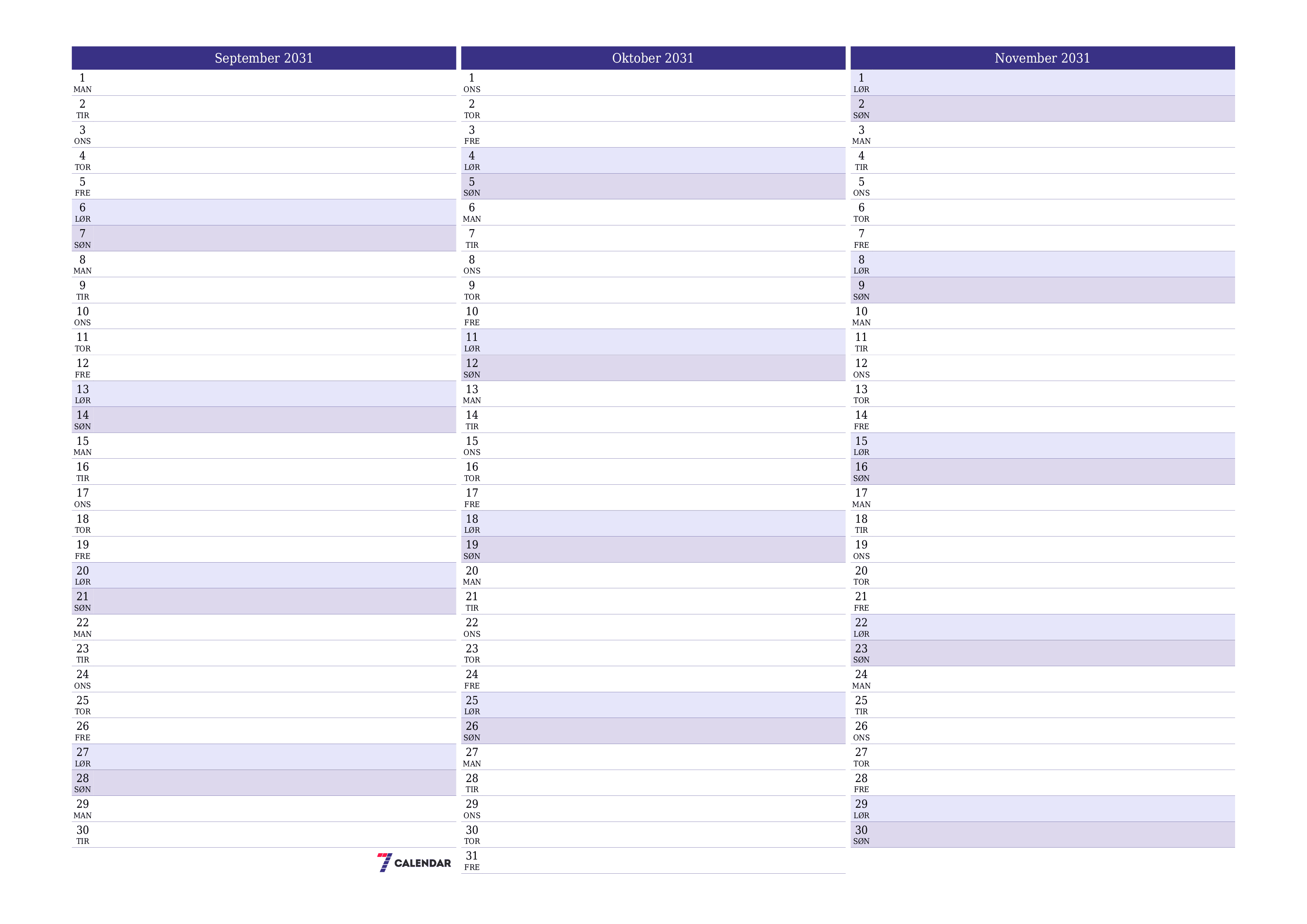 Tom månedlig planlegger for måned September 2031 med notater, lagre og skriv ut til PDF PNG Norwegian
