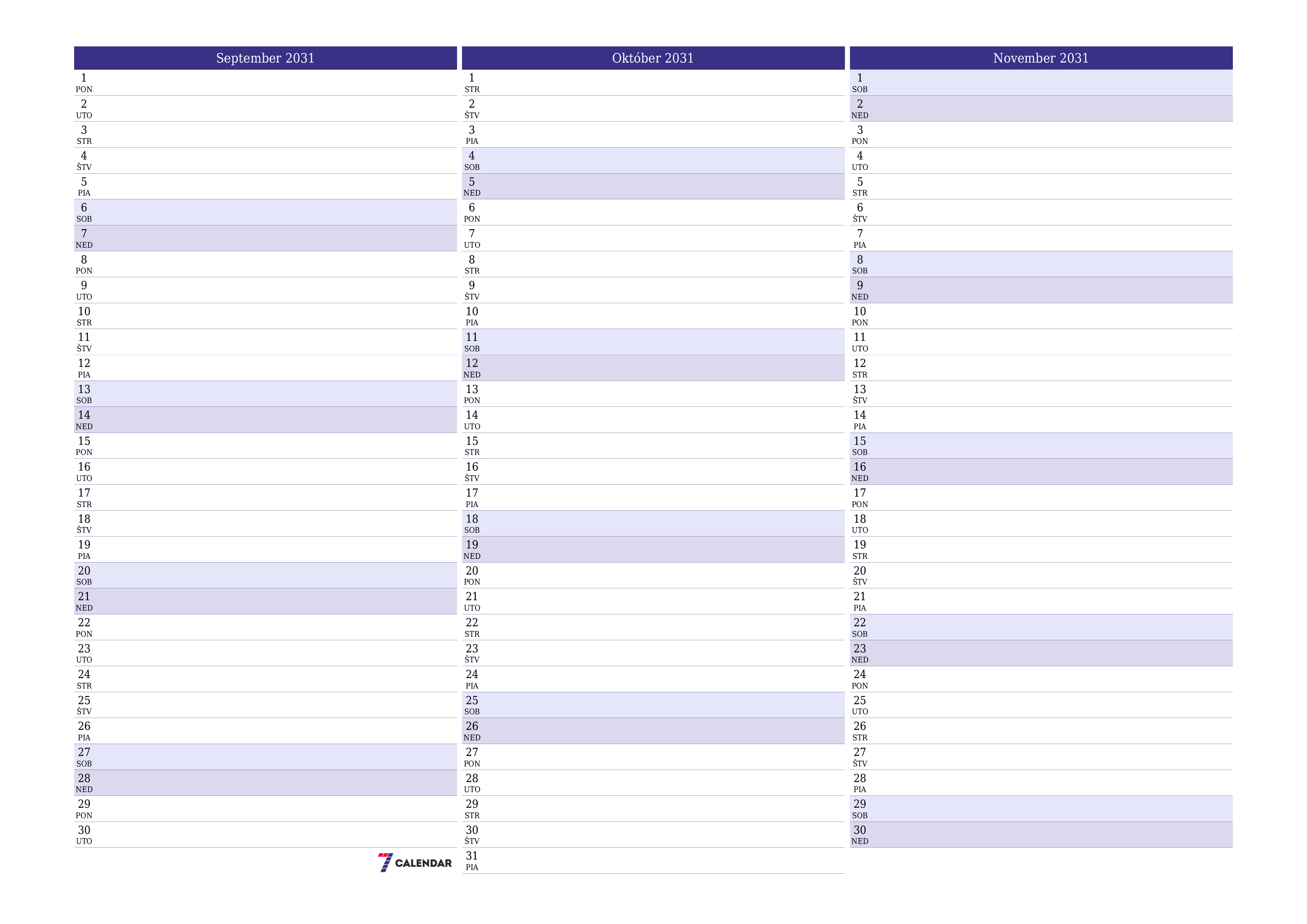 Prázdny mesačný plánovač na mesiac September 2031 s poznámkami, uloženie a tlač do PDF PNG Slovak
