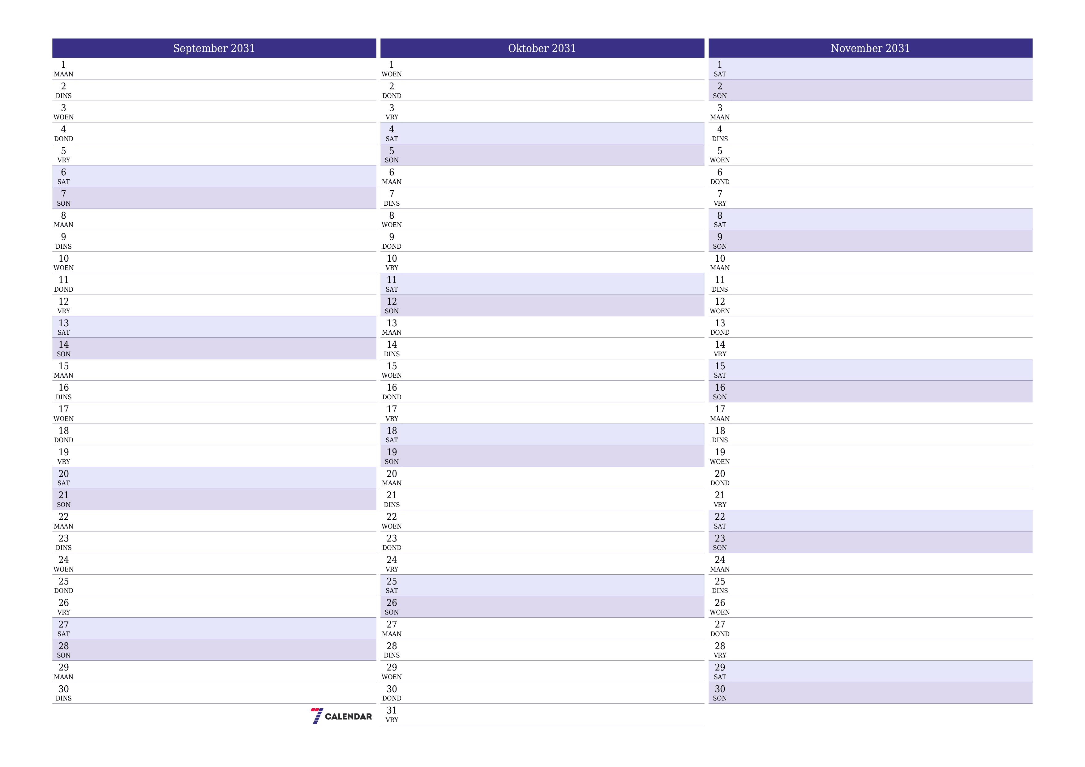 Leë maandelikse drukbare kalender en beplanner vir maand September 2031 met notas stoor en druk na PDF PNG Afrikaans