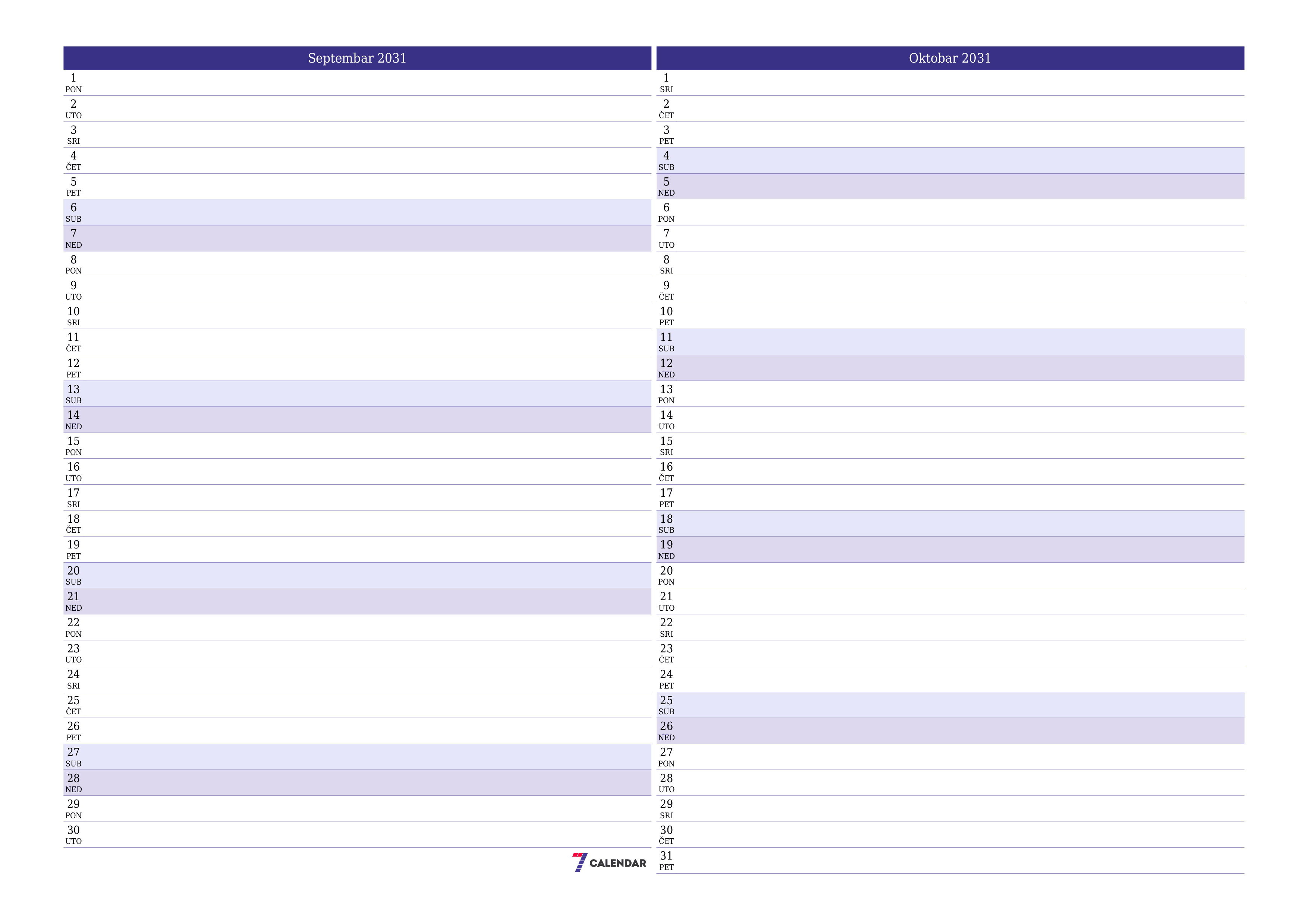 Ispraznite mjesečni planer za mjesec Septembar 2031 s bilješkama, spremite i ispišite u PDF PNG Bosnian