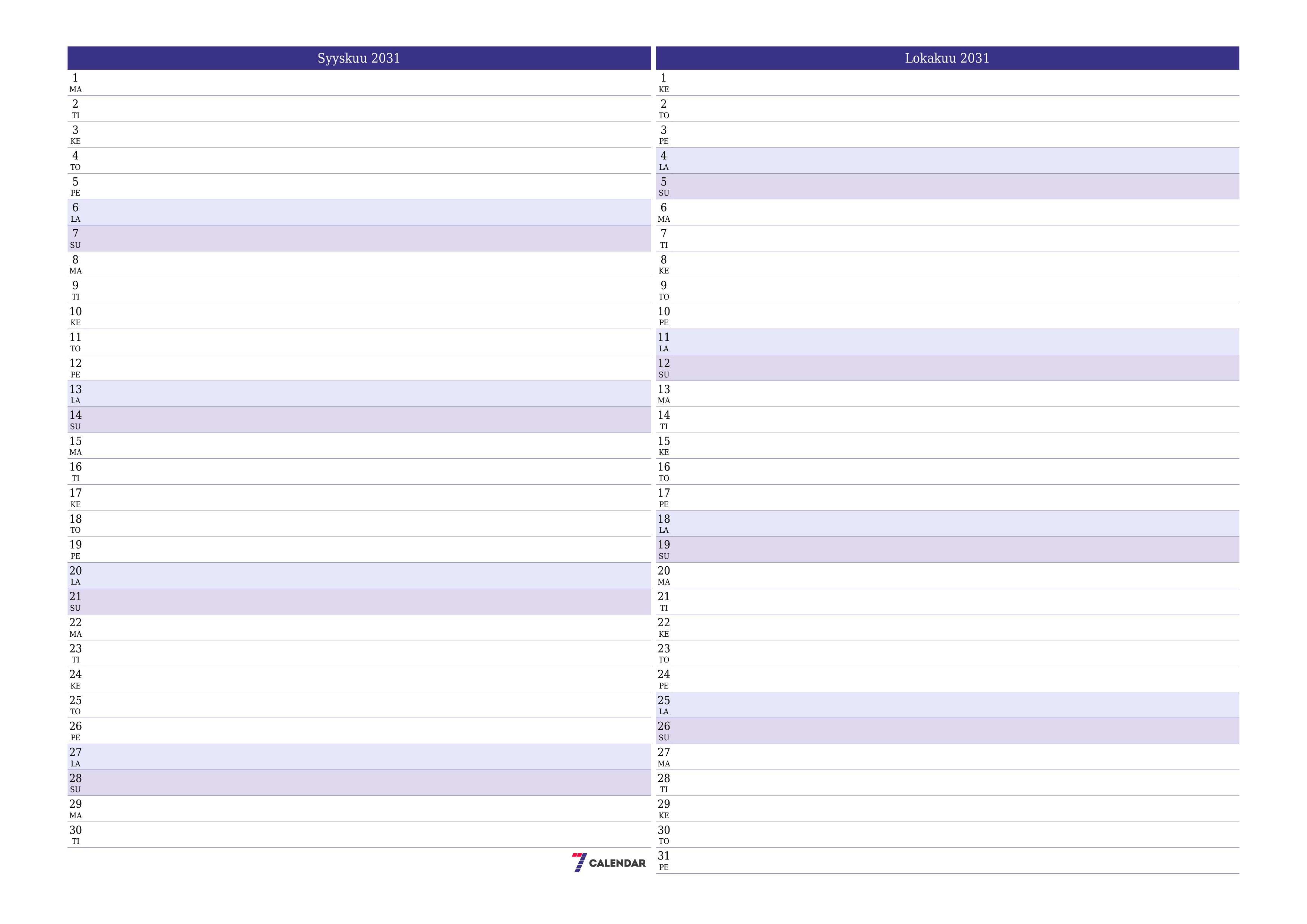 Tyhjennä kuukausittainen suunnittelija kuukaudelle Syyskuu 2031 muistiinpanoilla, tallenna ja tulosta PDF-muotoon PNG Finnish