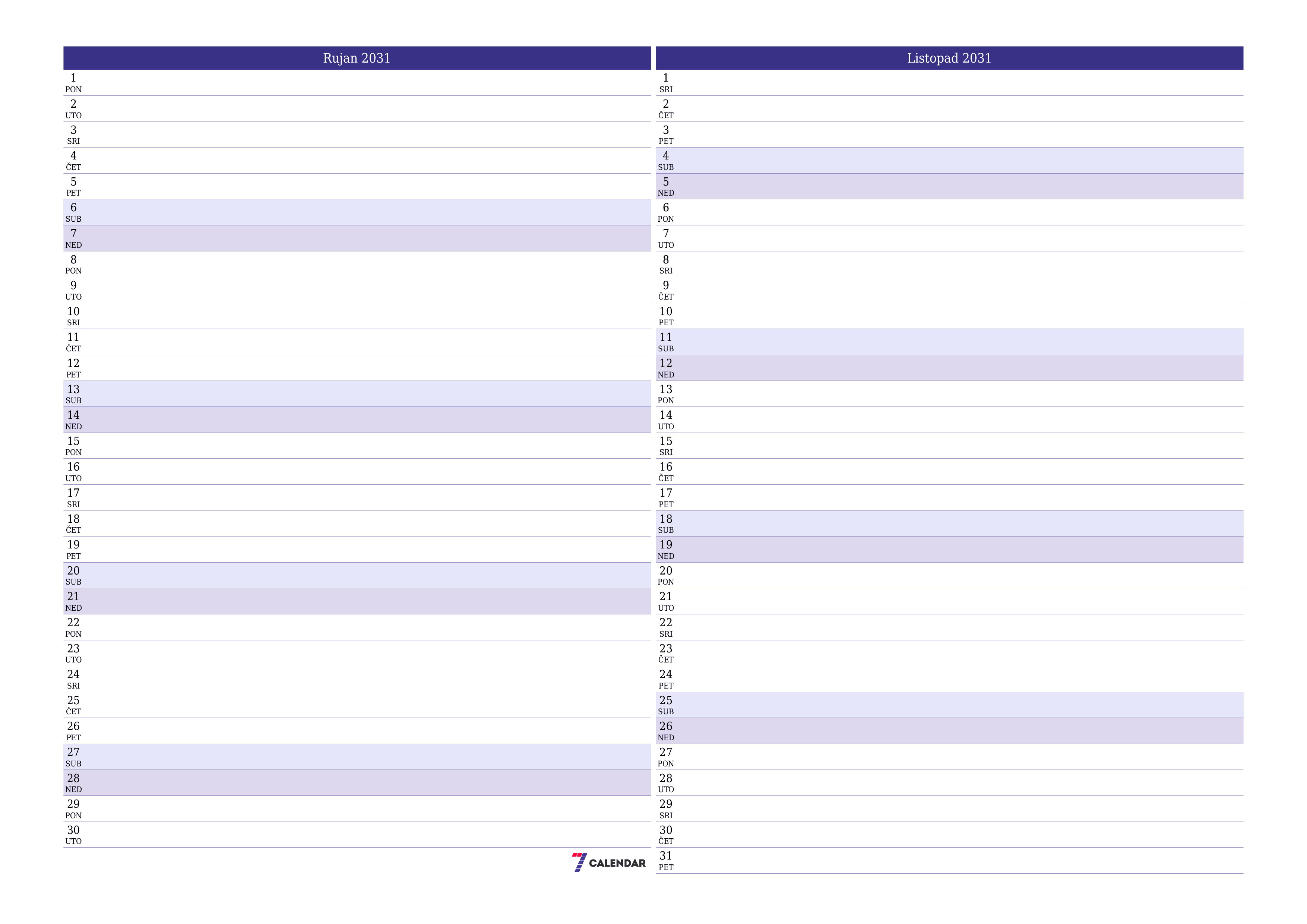 Ispraznite mjesečni planer za mjesec Rujan 2031 s bilješkama, spremite i ispišite u PDF PNG Croatian