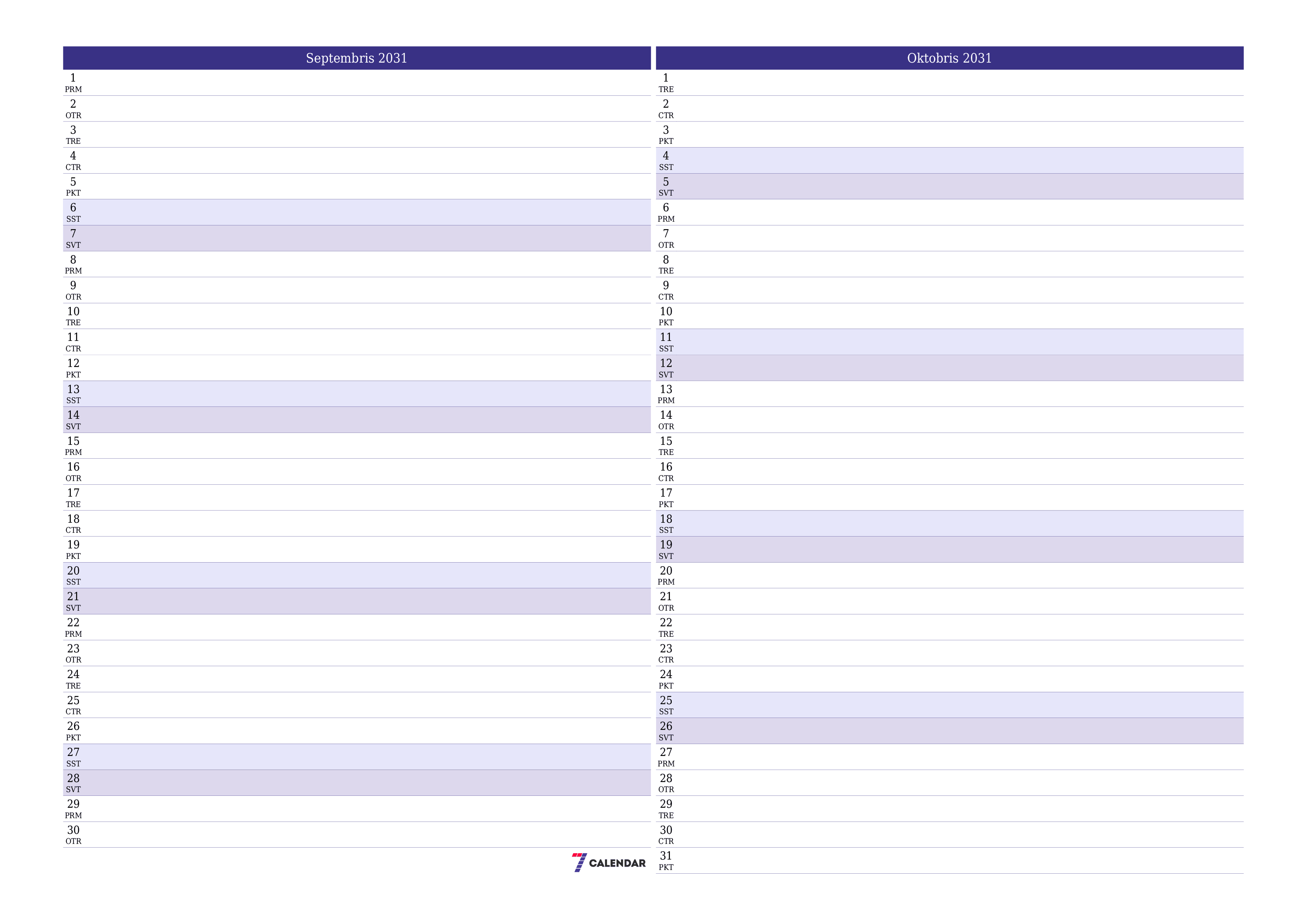 Iztukšot mēneša plānotāju mēnesim Septembris 2031 ar piezīmēm, saglabāt un izdrukāt PDF formātā PNG Latvian