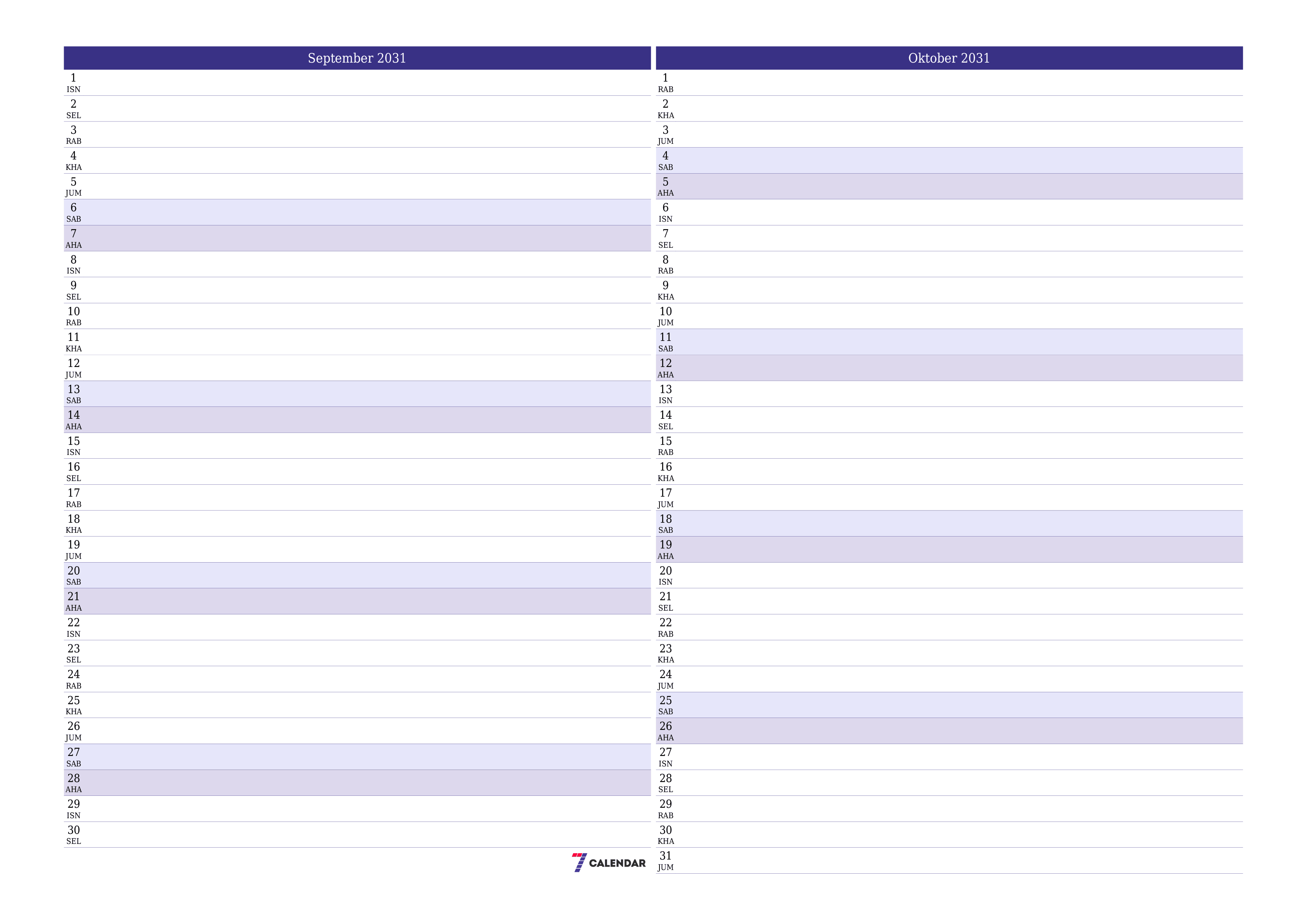 Perancang bulanan kosong untuk bulan September 2031 dengan nota, simpan dan cetak ke PDF PNG Malay