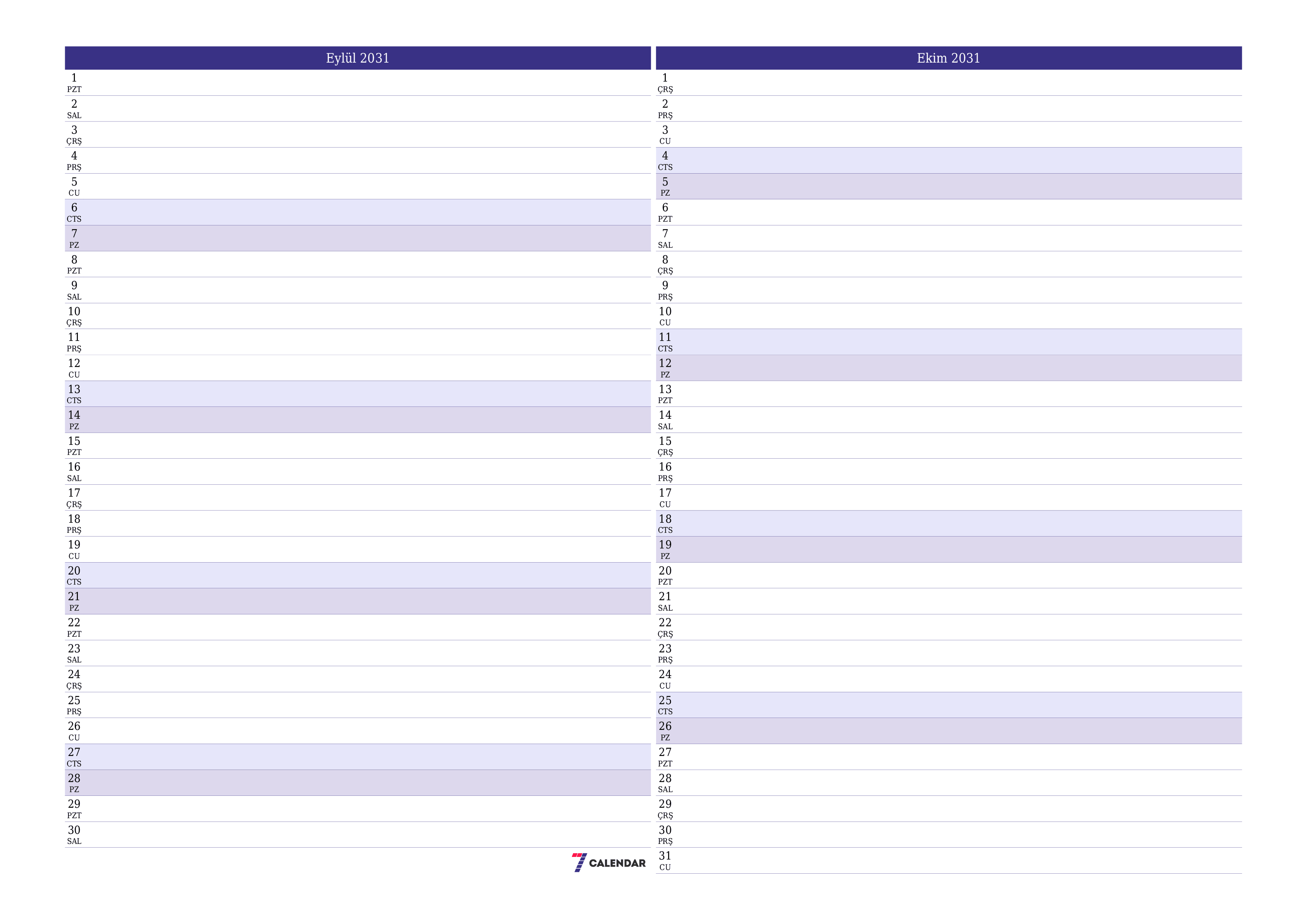 Eylül 2031 ayı için notlarla birlikte boş aylık planlayıcı, kaydedin ve PDF'ye yazdırın PNG Turkish
