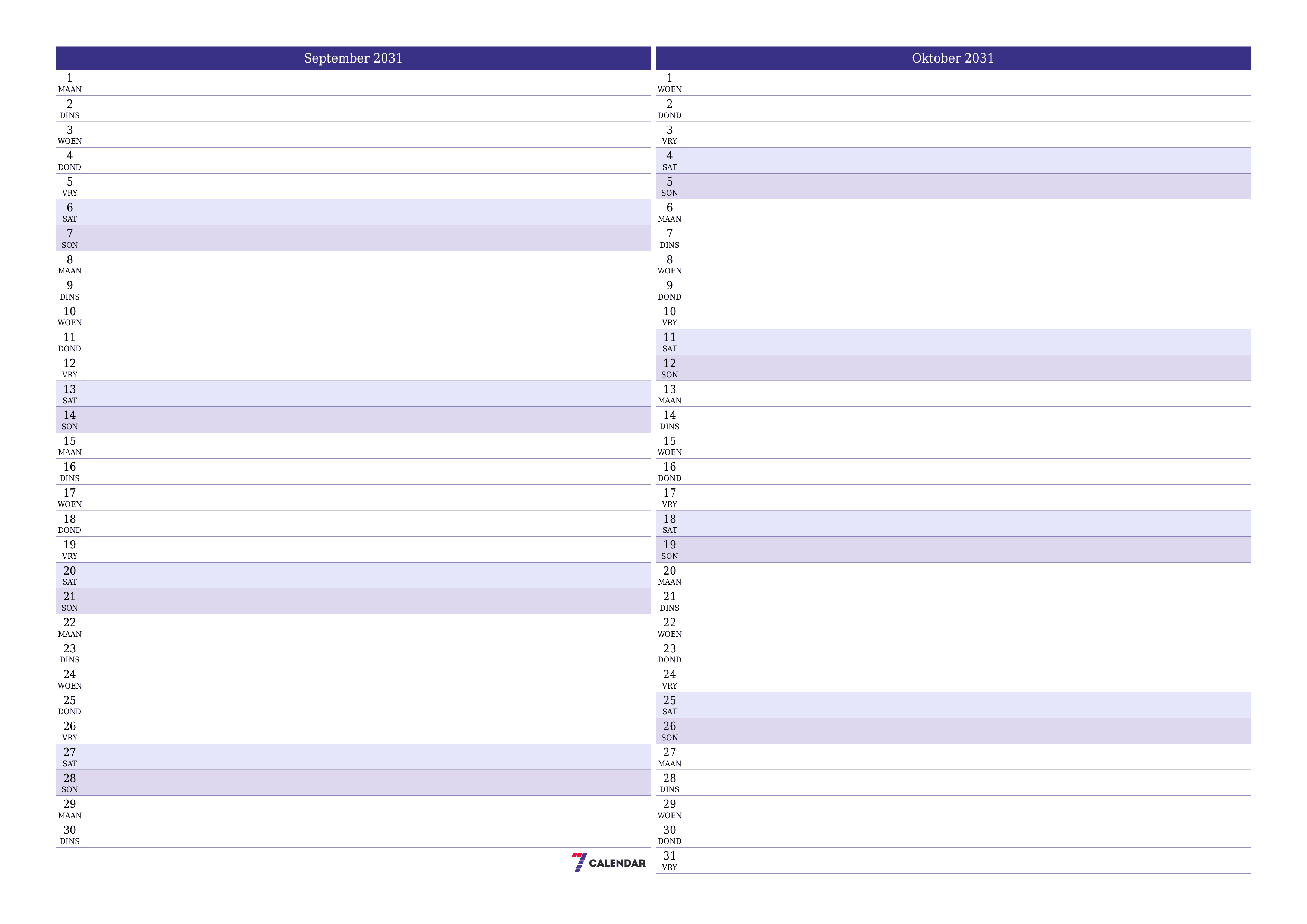 Leë maandelikse drukbare kalender en beplanner vir maand September 2031 met notas stoor en druk na PDF PNG Afrikaans