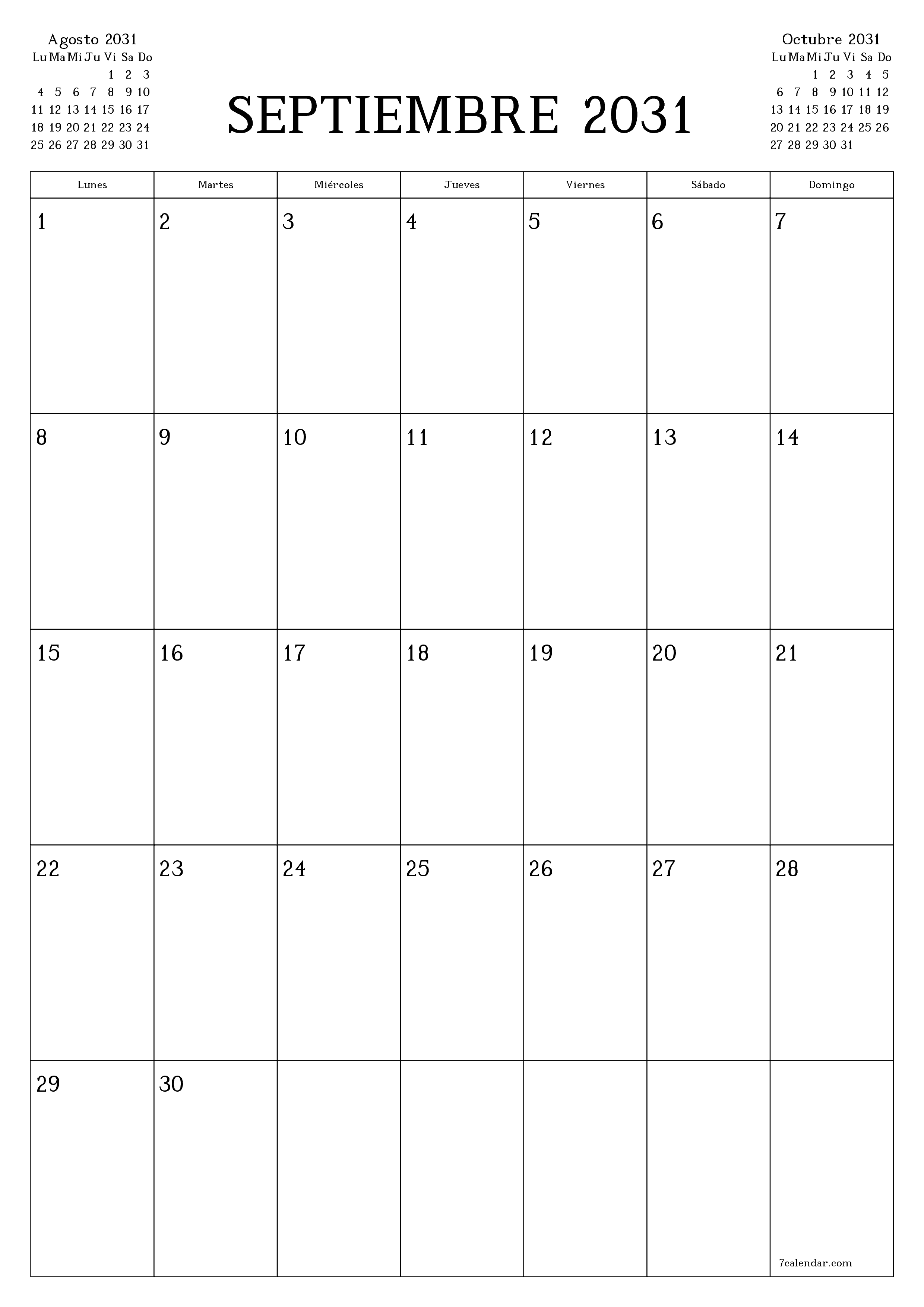  imprimible de pared plantilla de gratisvertical Mensual planificador calendario Septiembre (Sep) 2031