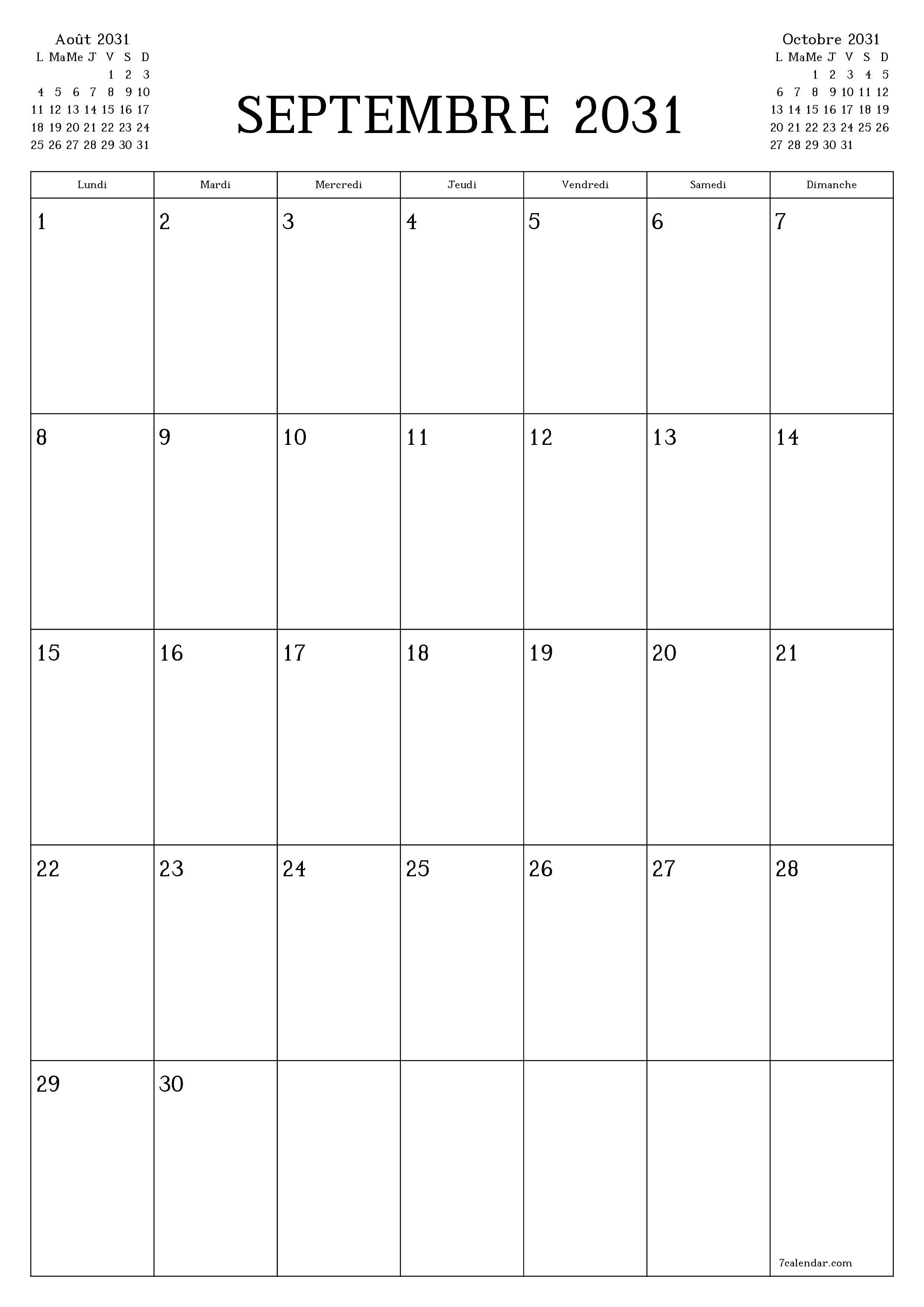  imprimable mural modèle de gratuitverticale Mensuel planificateur calendrier Septembre (Sep) 2031
