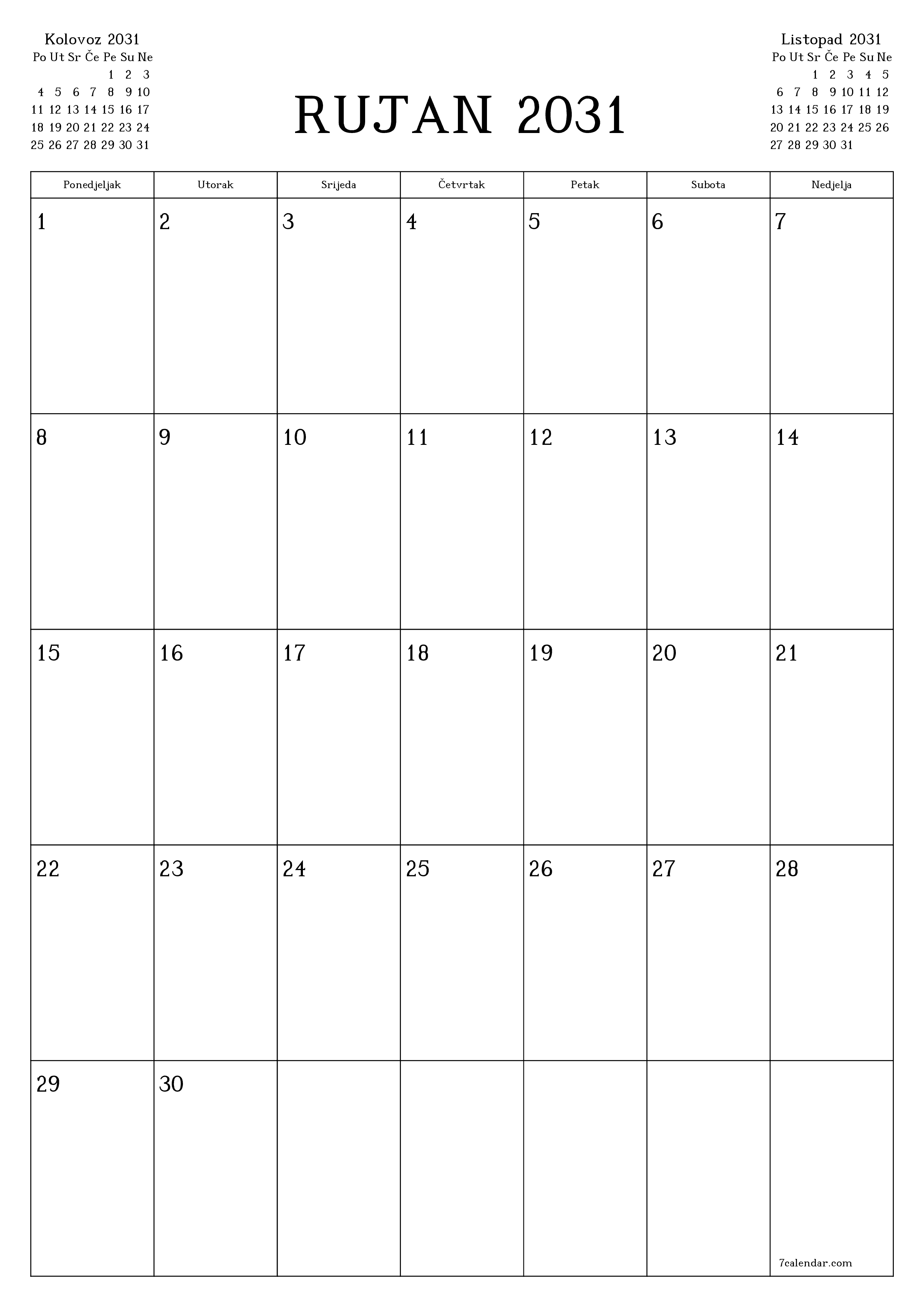  za ispis zidni predložak a besplatni okomito Mjesečni planer kalendar Rujan (Ruj) 2031