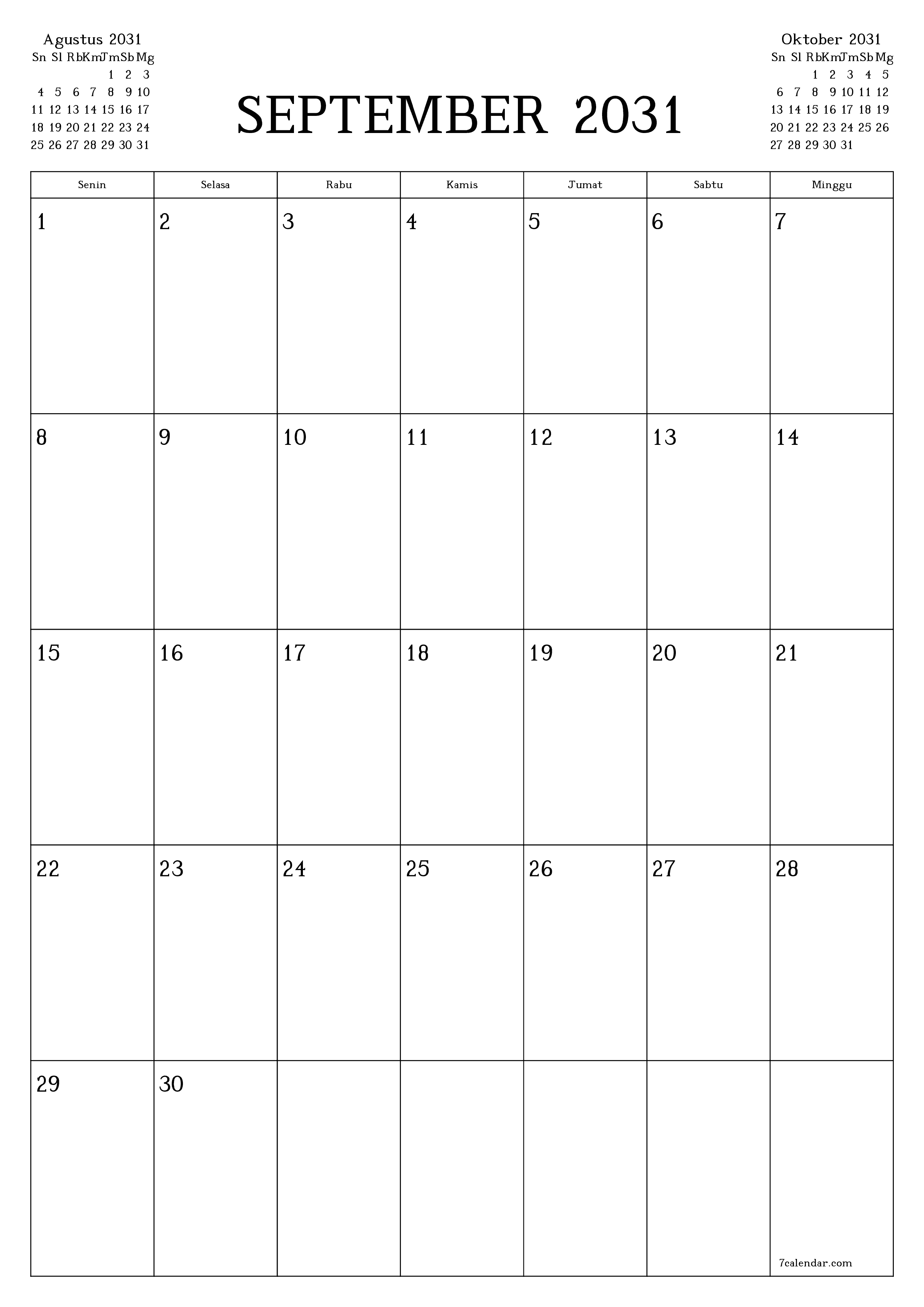  yang dapat dicetak dinding templat gratisvertikal Bulanan perencana kalender September (Sep) 2031