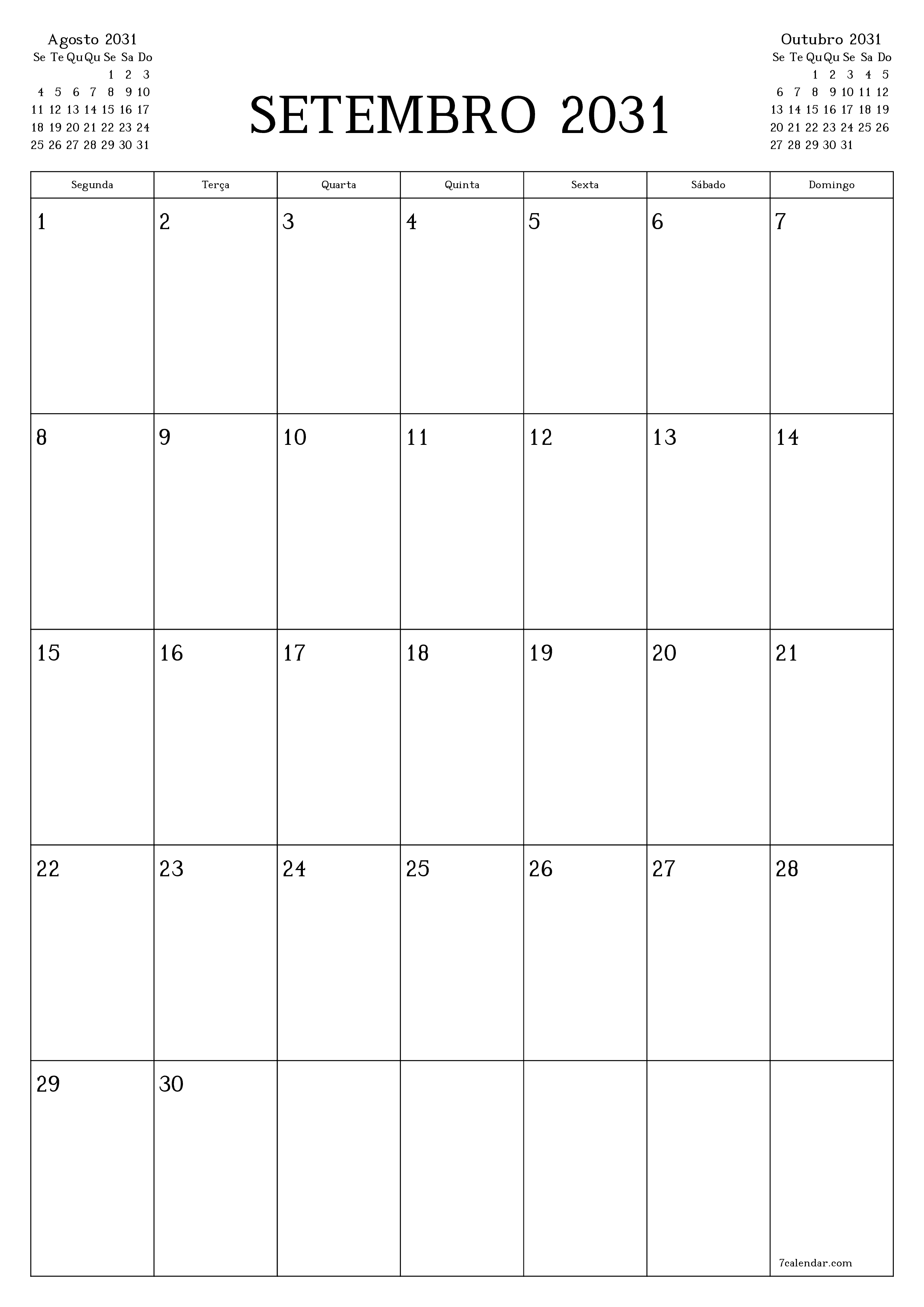  para impressão de parede modelo de grátisvertical Mensal planejador calendário Setembro (Set) 2031
