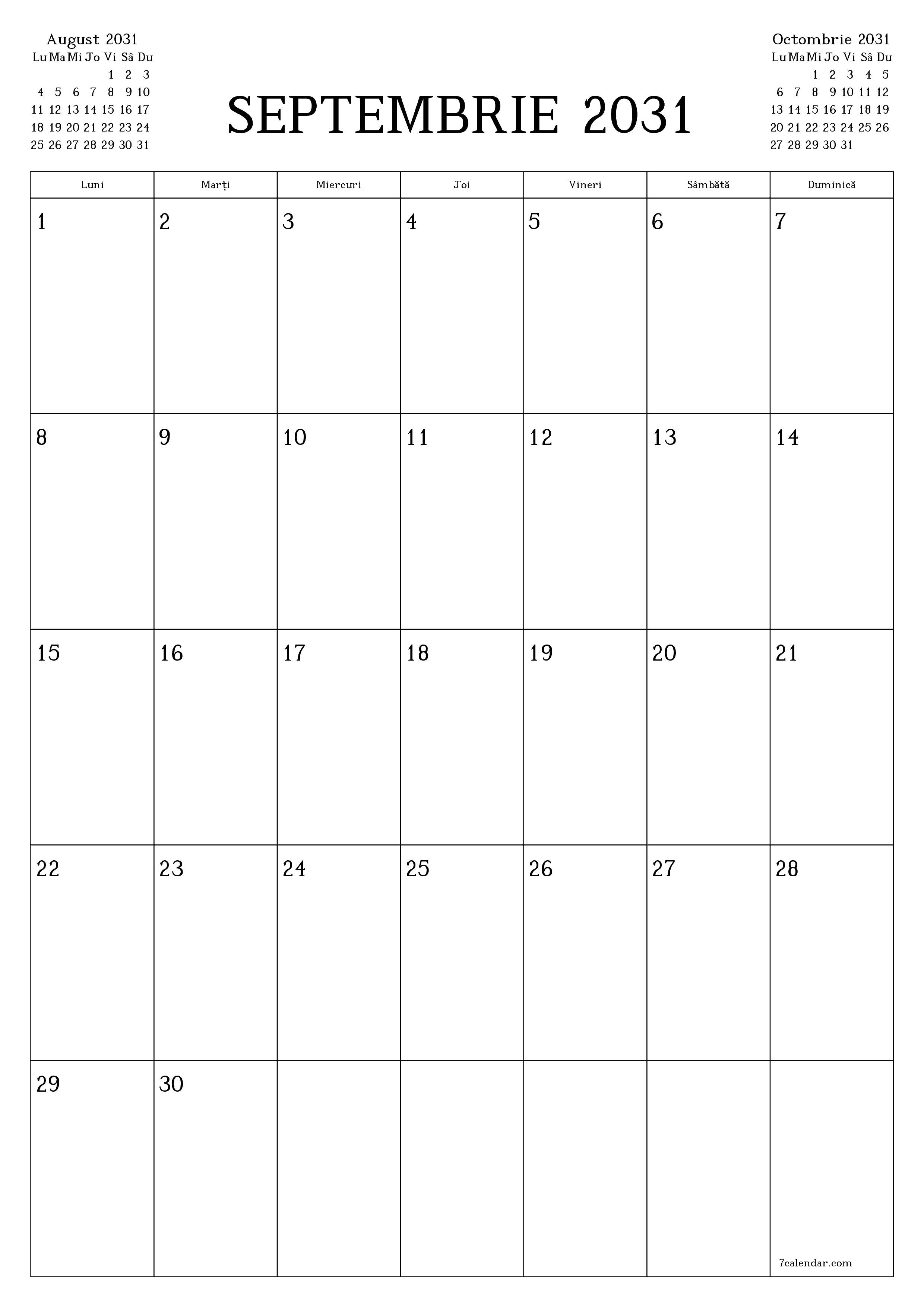  imprimabil de perete șablon de gratuitvertical Lunar planificator calendar Septembrie (Sep) 2031
