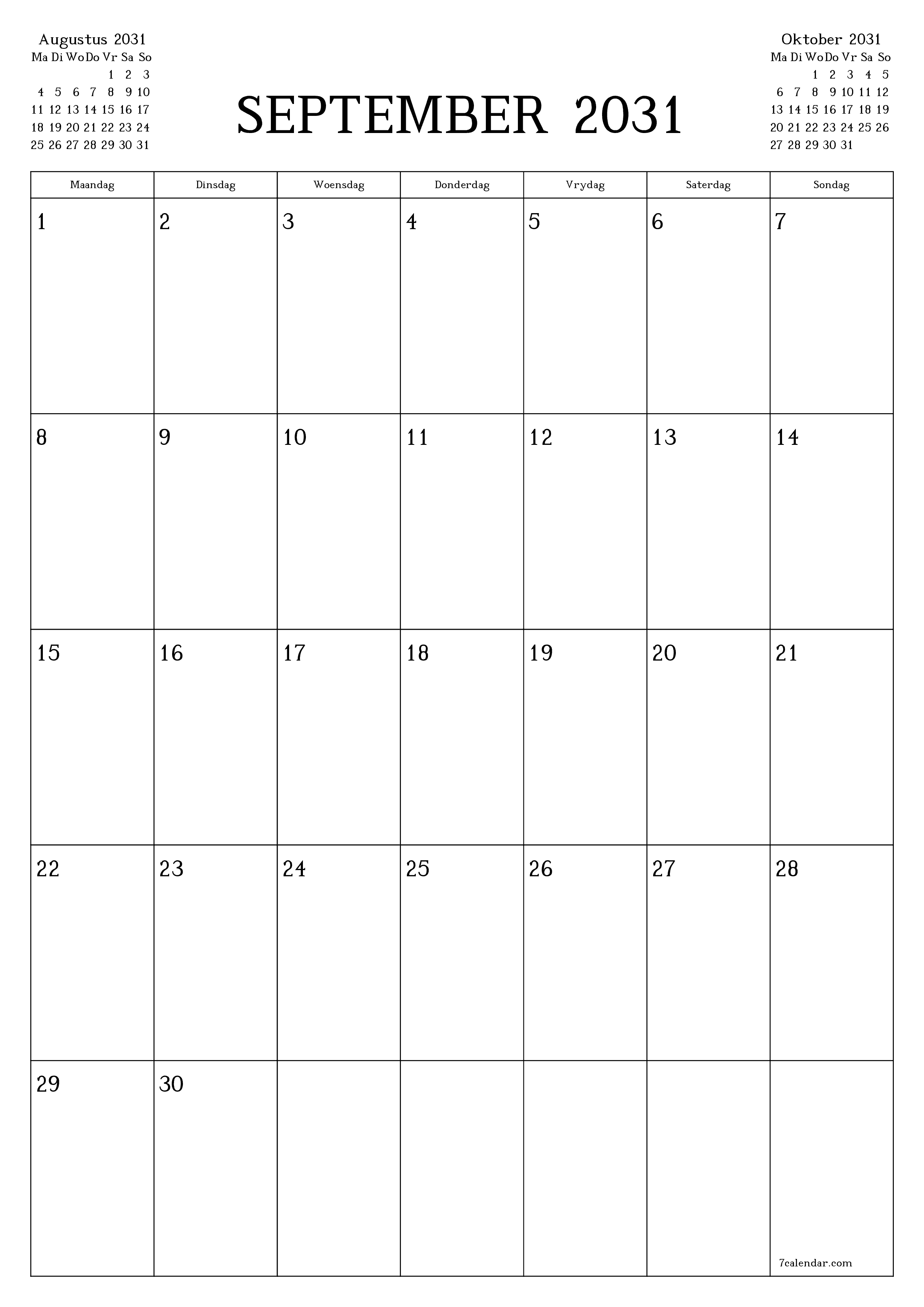 drukbare muur template gratis vertikaal Maandeliks beplanner kalender September (Sep) 2031