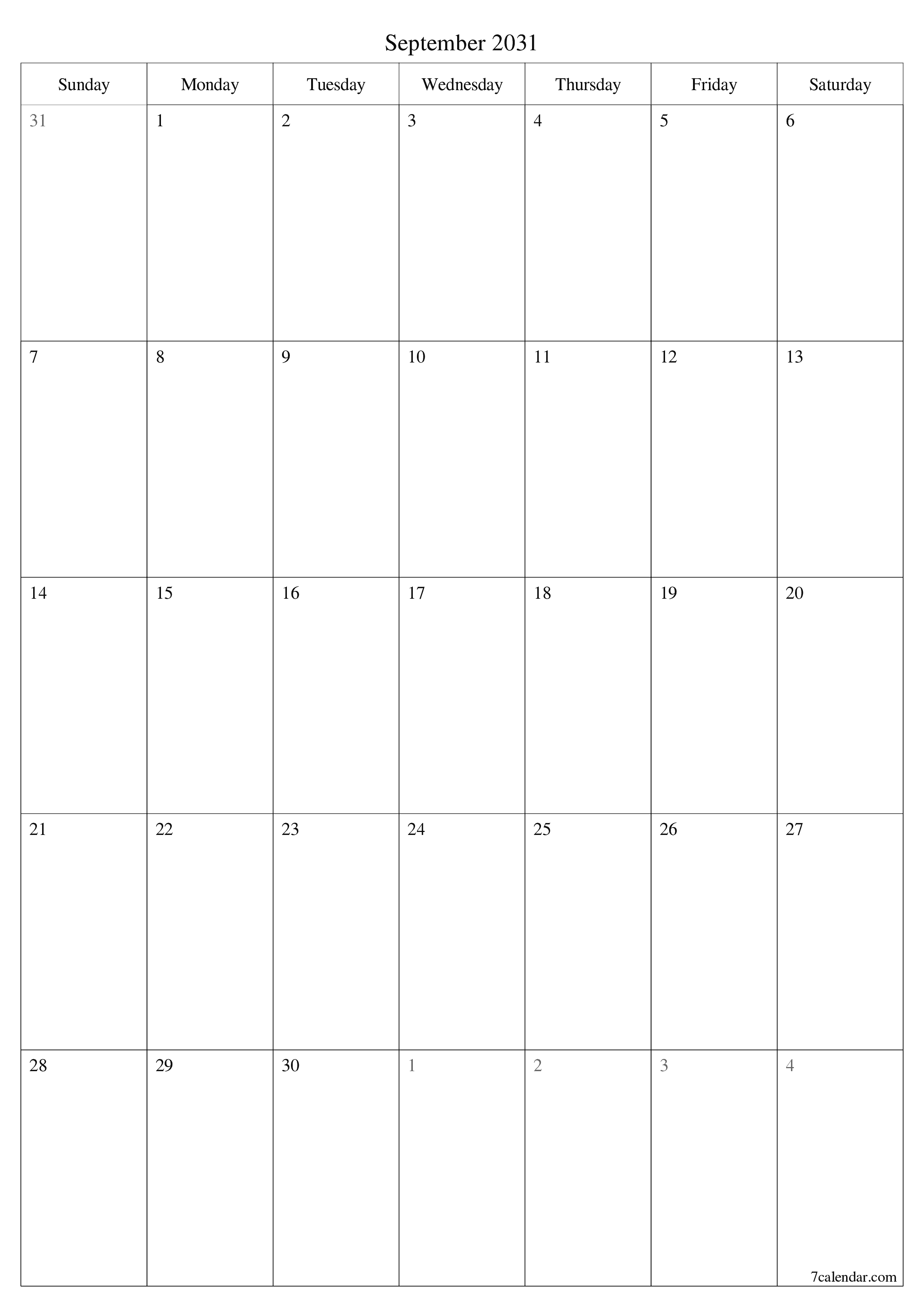 Blank calendar September 2031