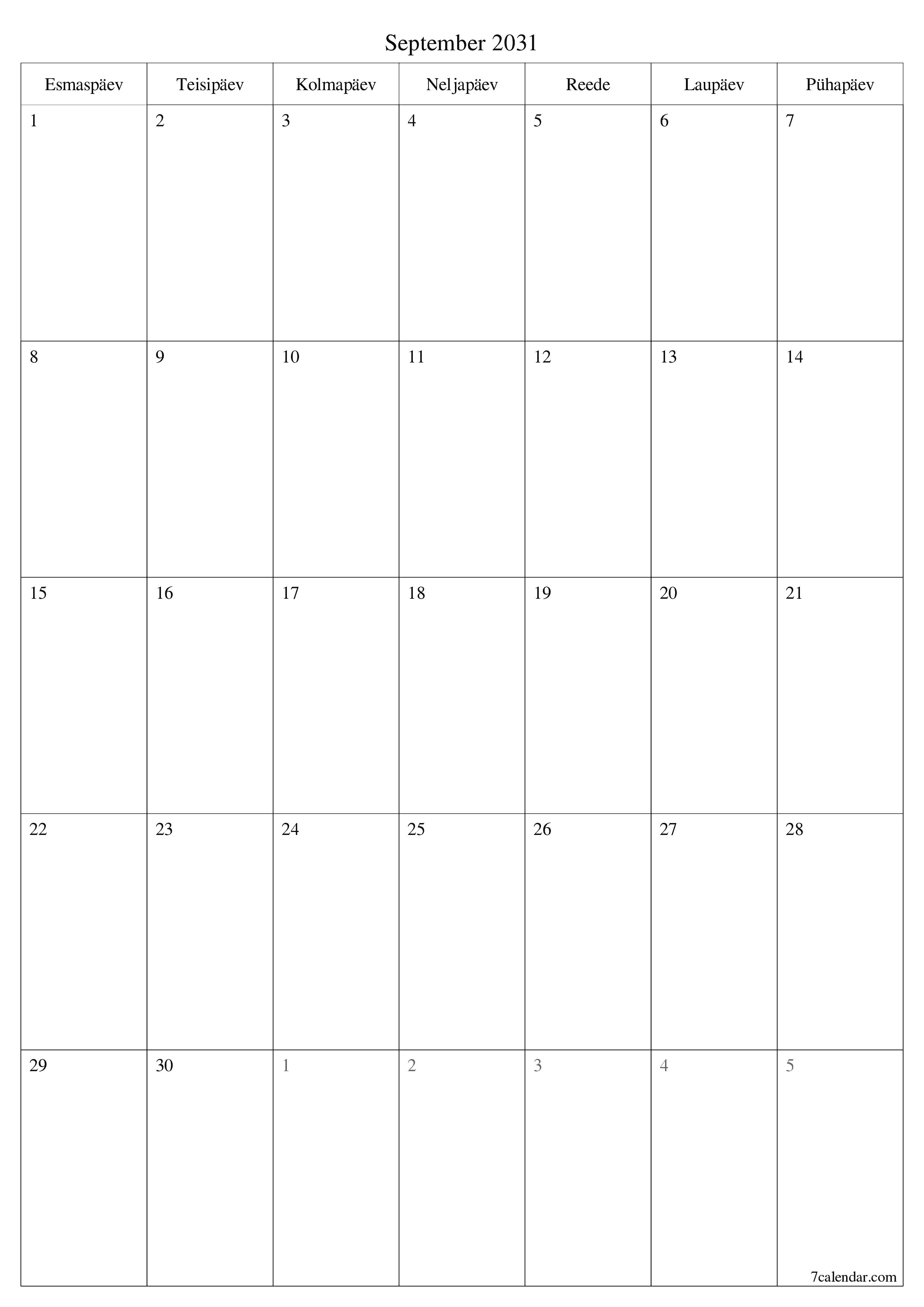 prinditav seina kalendri mall tasuta vertikaalne Igakuine planeerija kalender September (Sept) 2031