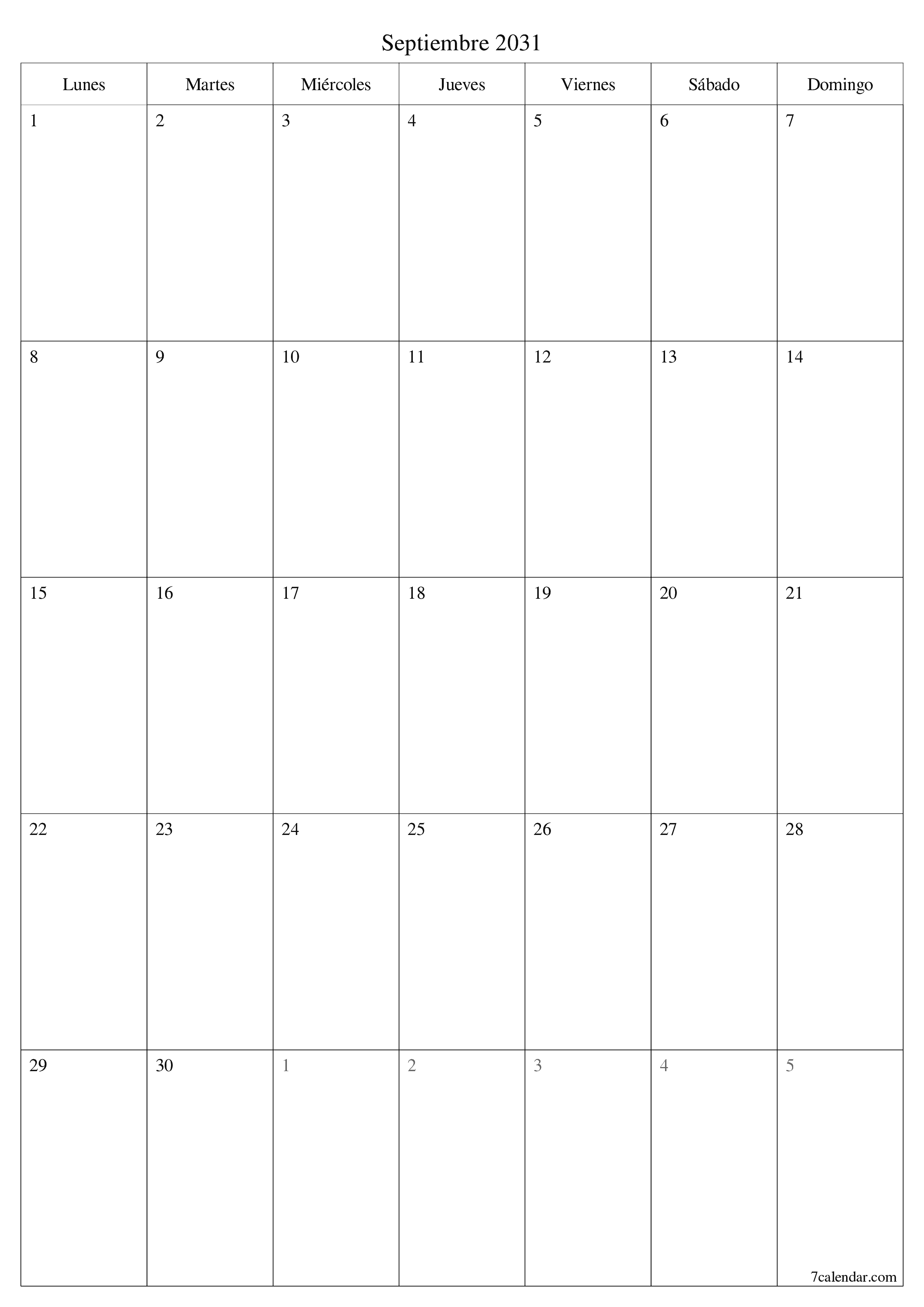  imprimible de pared plantilla de gratisvertical Mensual planificador calendario Septiembre (Sep) 2031