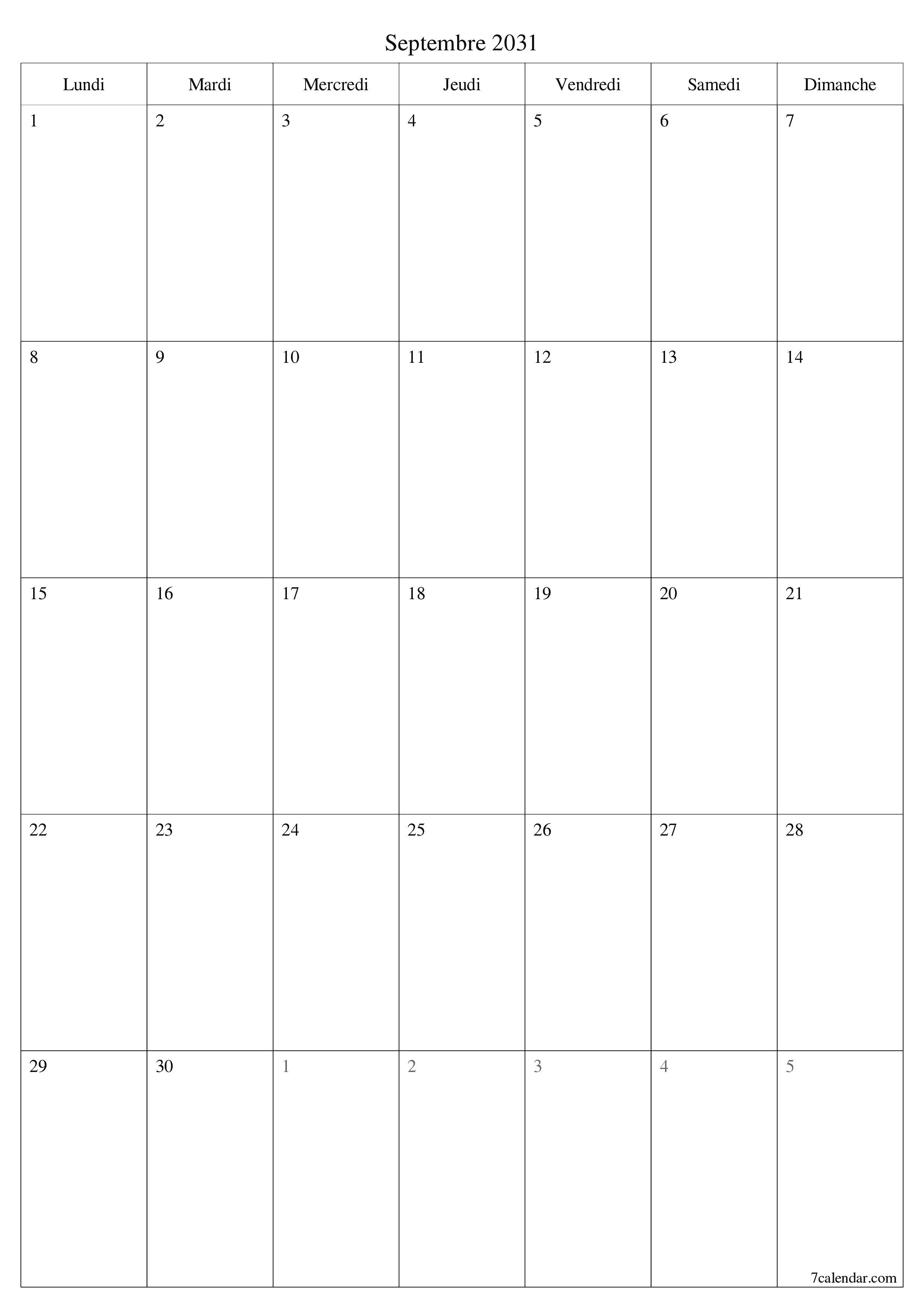  imprimable mural modèle de gratuitverticale Mensuel planificateur calendrier Septembre (Sep) 2031