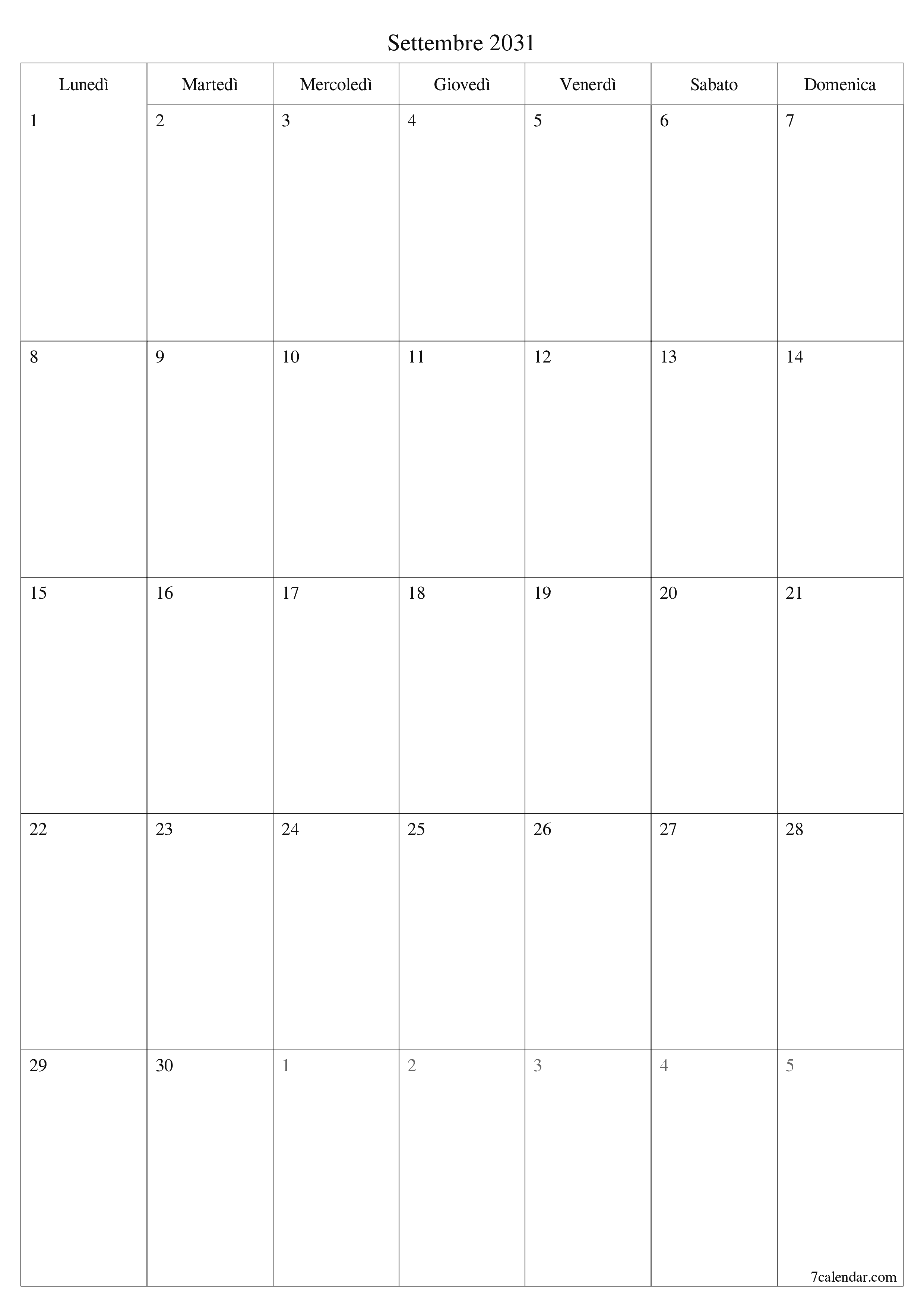  stampabile da parete modello di gratuitoverticale Mensile pianificatore calendario Settembre (Set) 2031