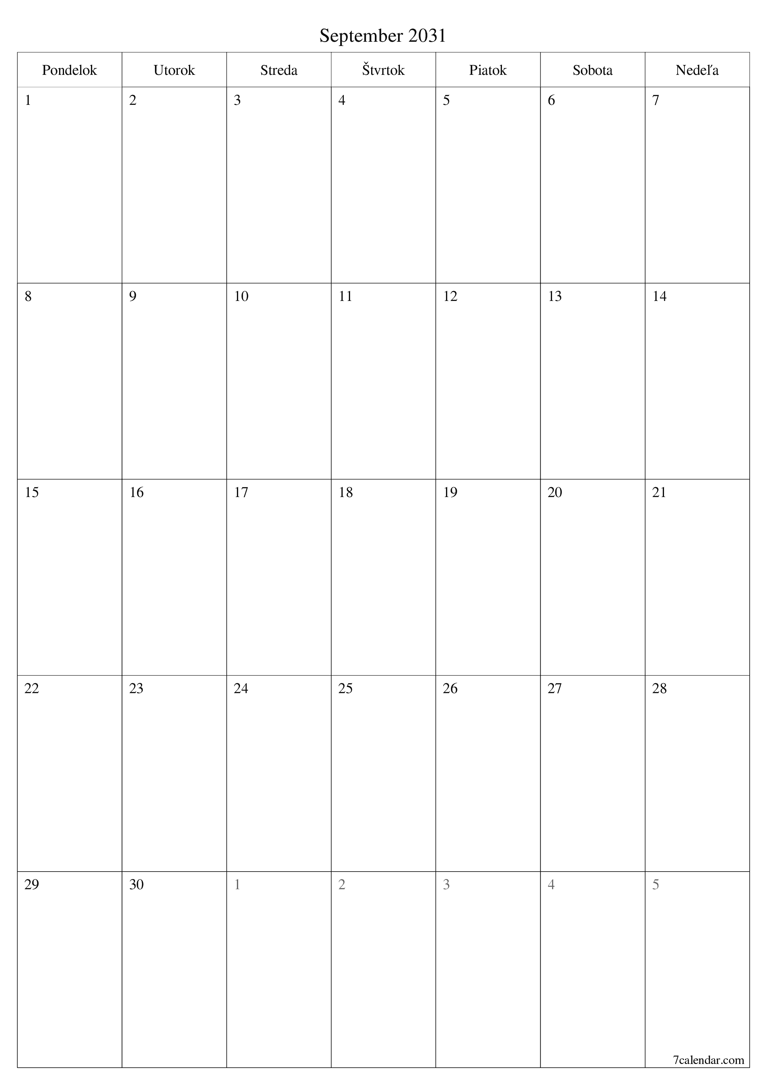 vytlačiteľný nástenný šablóna a bezplatný вертикальный Mesačne plánovač kalendár September (Sep) 2031