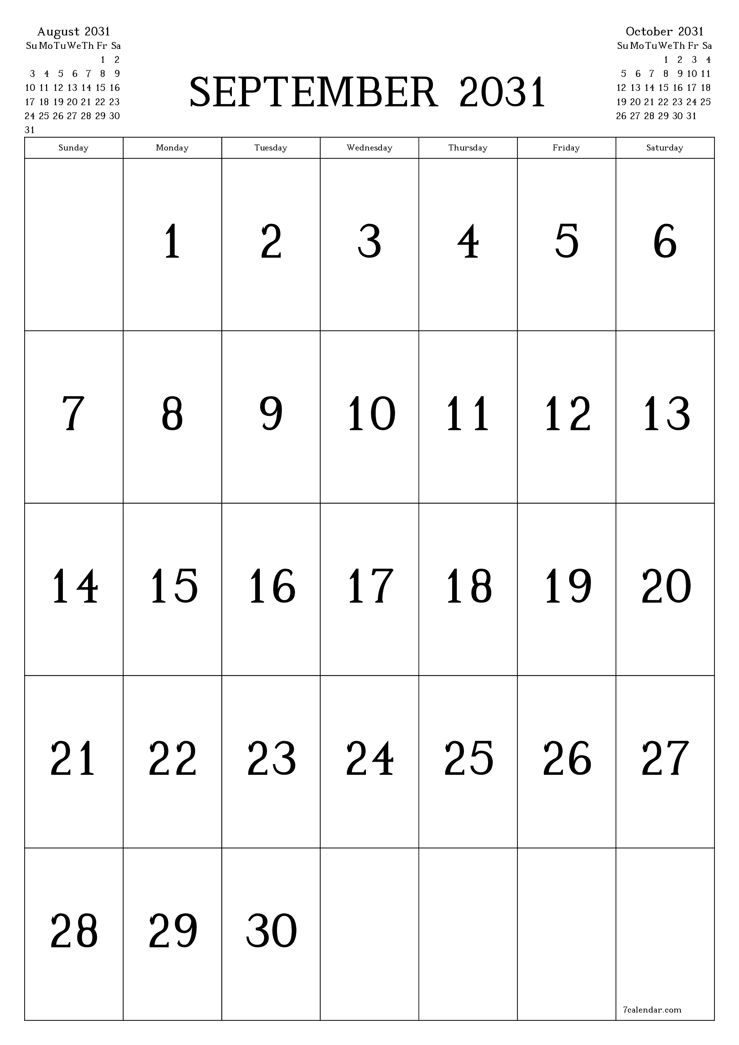 printable wall template free vertical Monthly calendar September (Sep) 2031