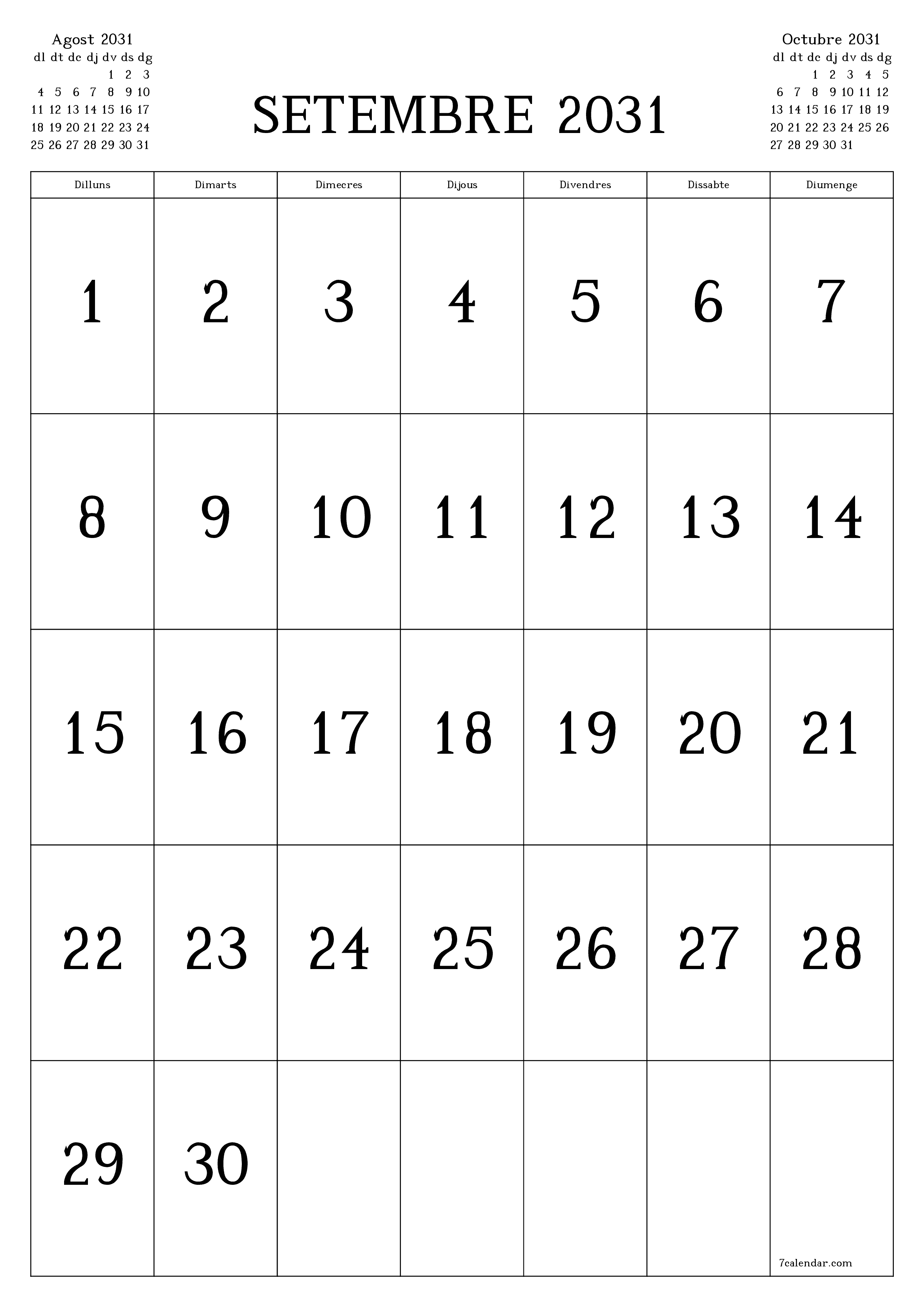  imprimible de paret plantilla de gratuïtvertical Mensual calendari Setembre (Set) 2031