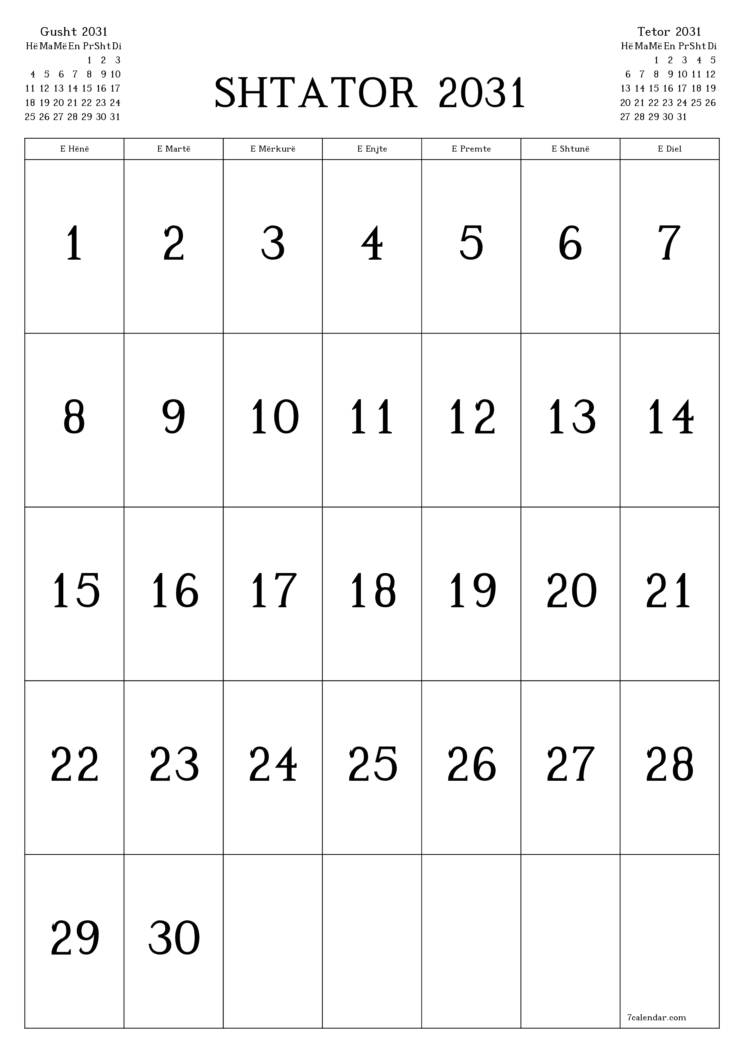  i printueshëm muri shabllon falasvertikale mujore kalendar Shtator (Sht) 2031