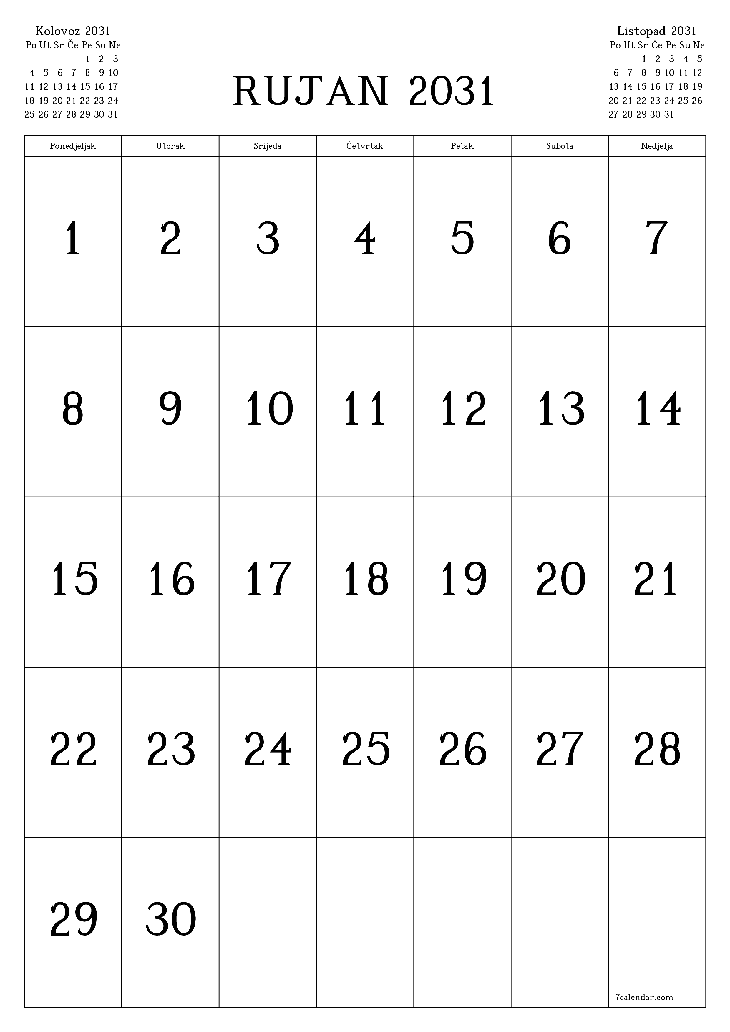 za ispis zidni predložak a besplatni okomito Mjesečni kalendar Rujan (Ruj) 2031